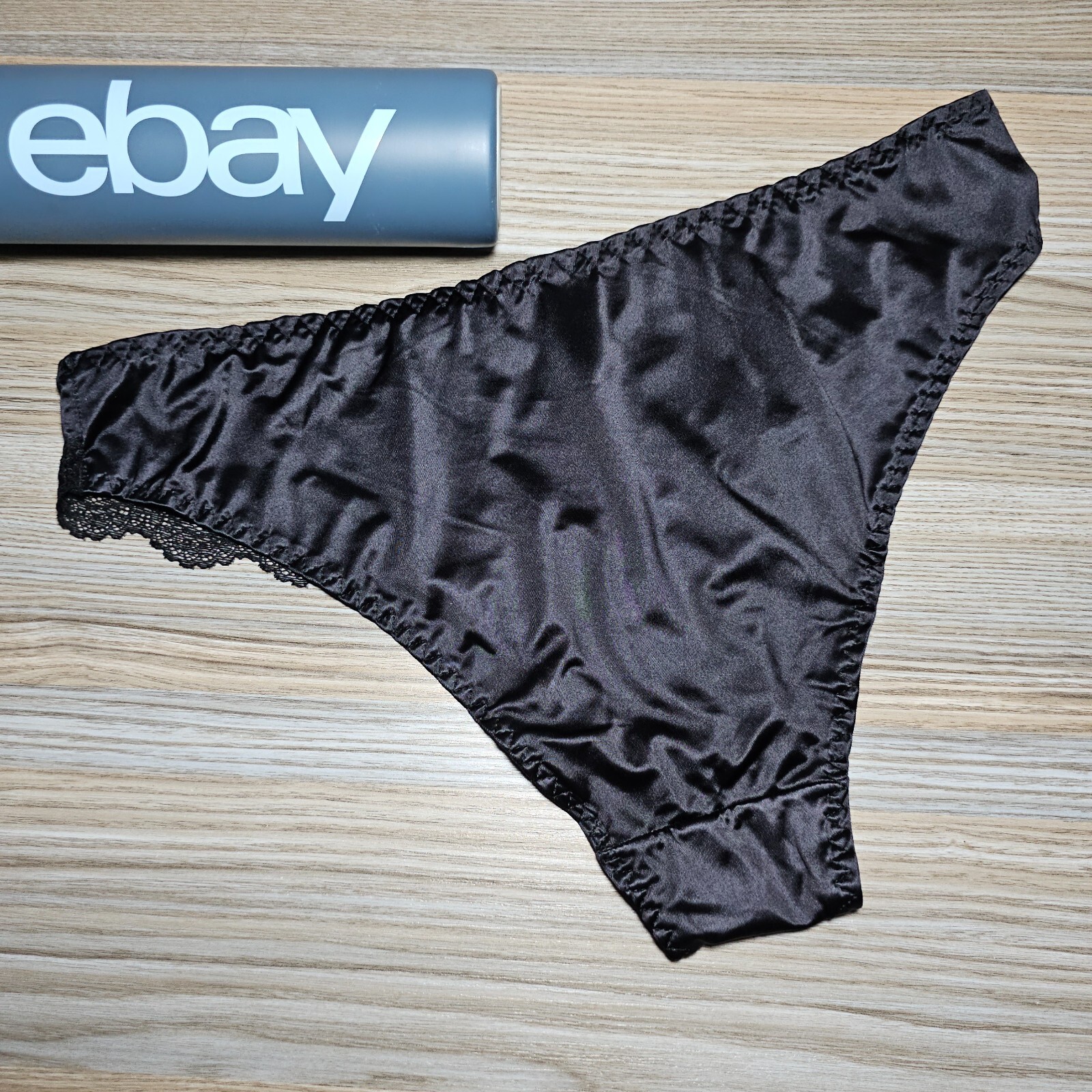 VTG Slippery Nylon Satin Panty Sissy Lace Glossy Black Brief Size 8 Hip 40-44″