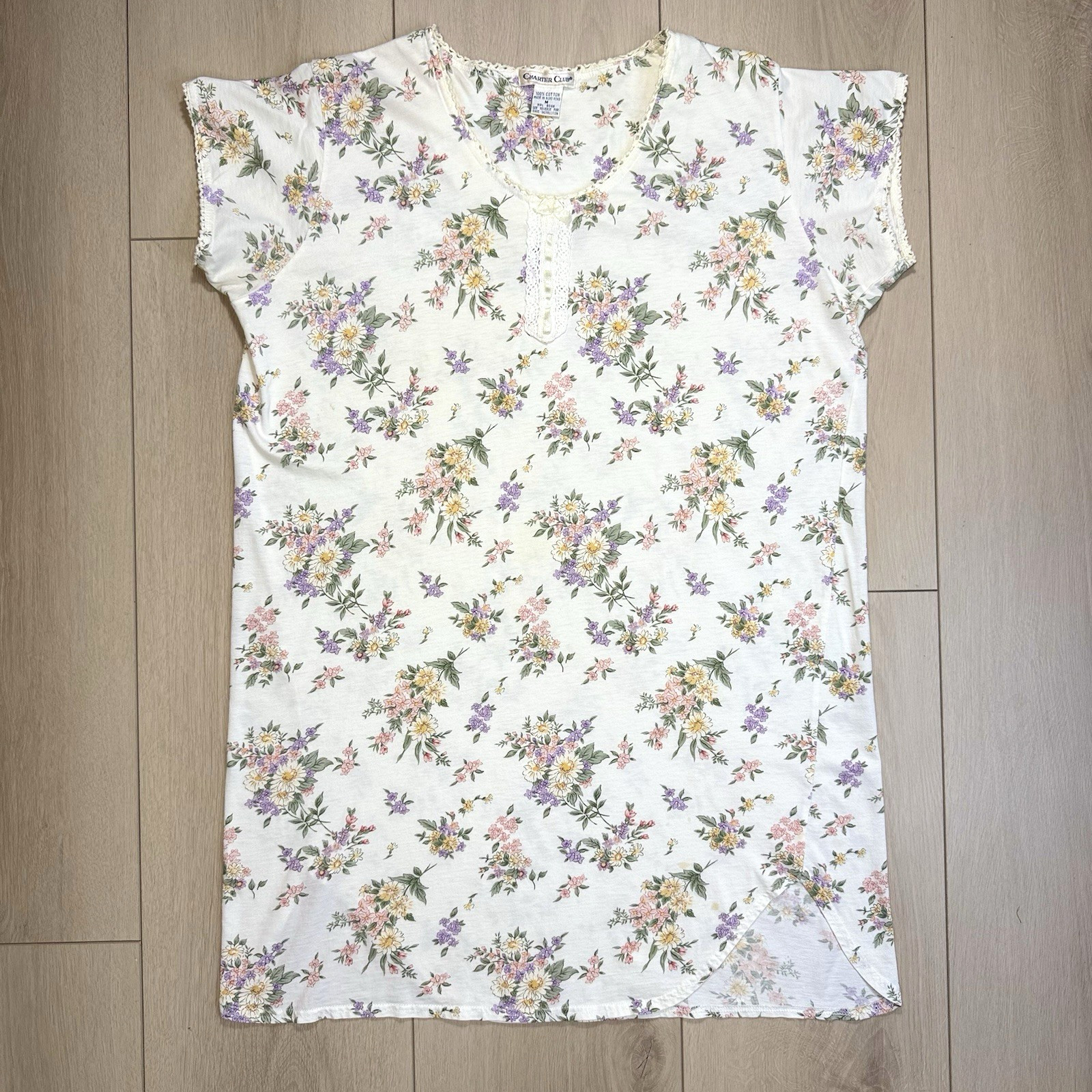 VTG Charter Club Floral Nightgown Women M Hong Kong Lace Trim Cotton 90s Cottage