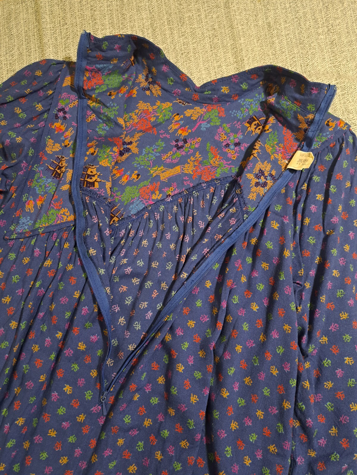 Vtg HUMMELSHEIM 1970s Long Sleeve Stand Collar Asian Pattern Blue Dress Sz 36