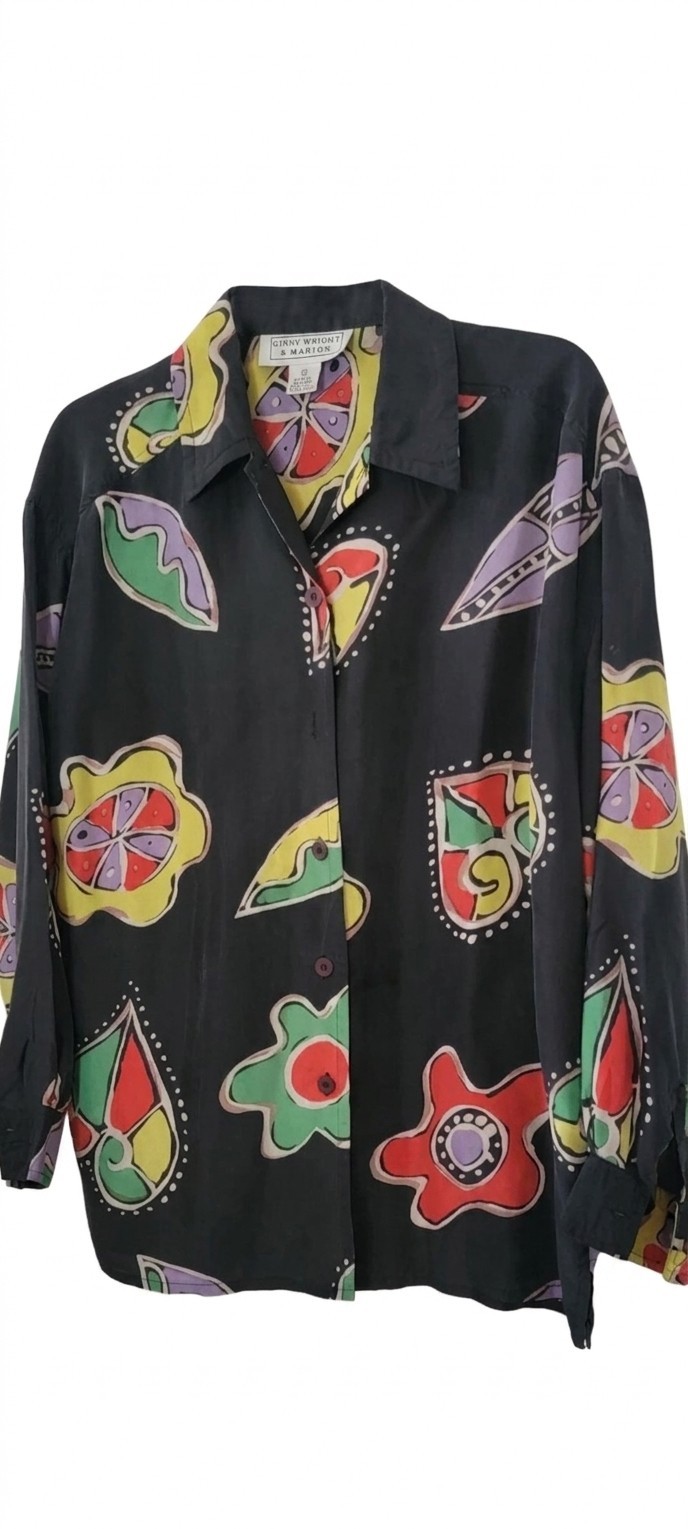 90s Vintage 100% Silk Fenn Wright & Manson Bold Abstract Button Front Blouse Med