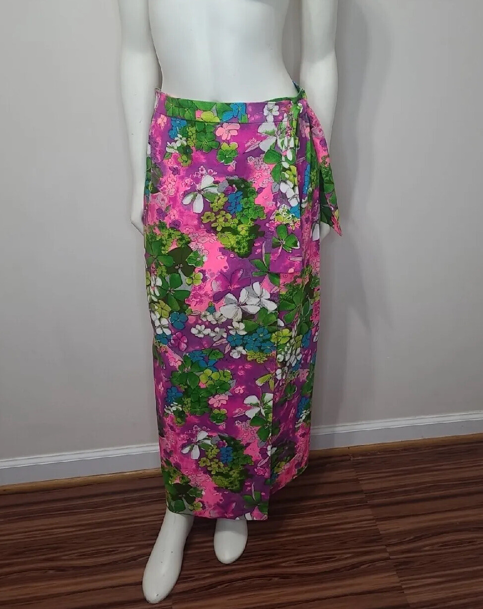 Vintage Flower Power Wrap Skirt Womens L Artsy Hawaiian Floral Tropical Beach