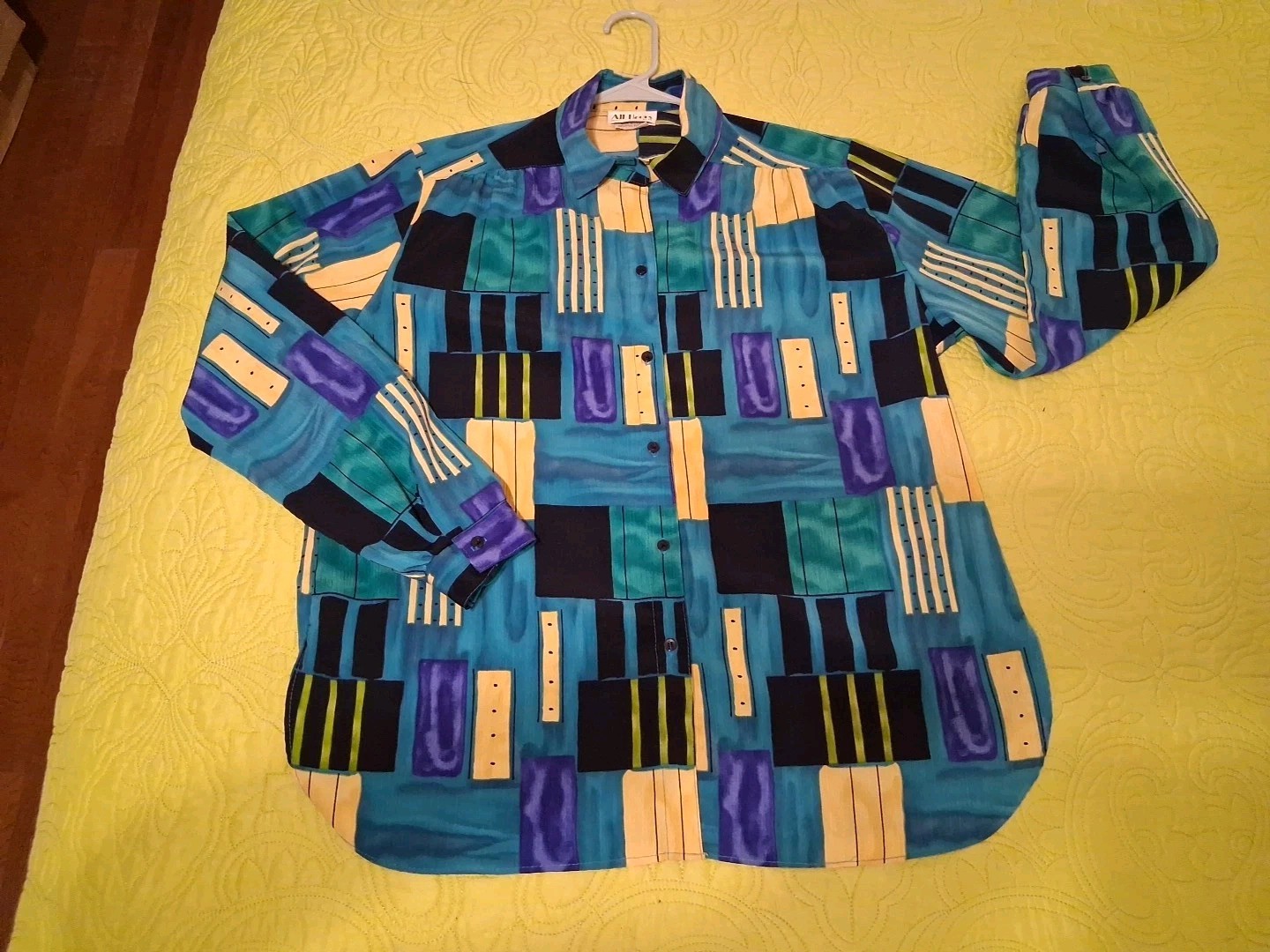 Vintage 80s All Hours Blue/Green/Yellow Long Sleeve Button Front Blouse Sz L
