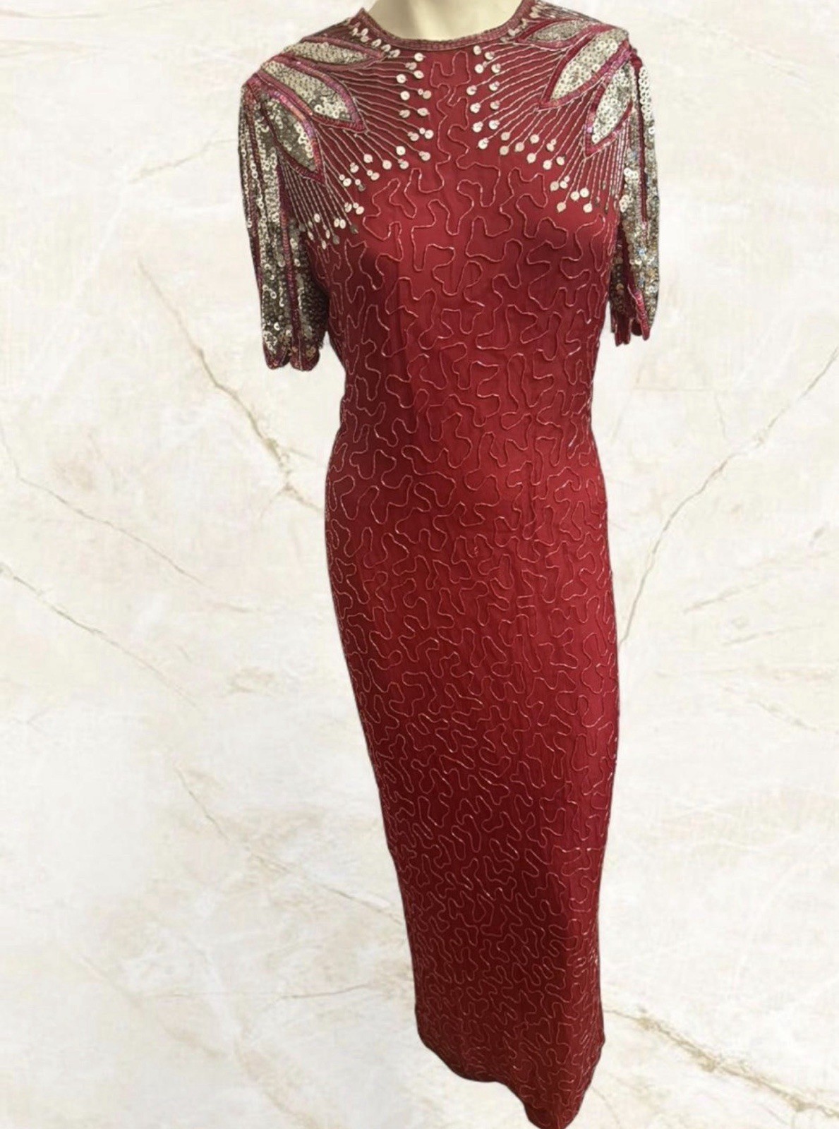 Vintage 100% Silk Beaded Gown Old Hollywood Glam Red Sequin Open Back Maxi Dress