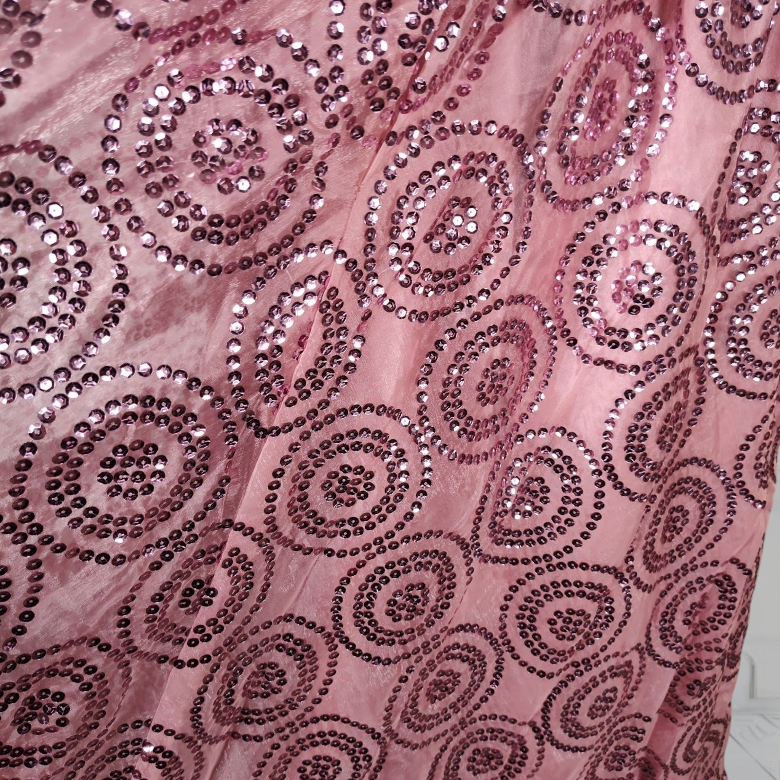 Vintage 80s Pink Sequin Formal Dress Size 12 Puff Sleeve Basque Waist