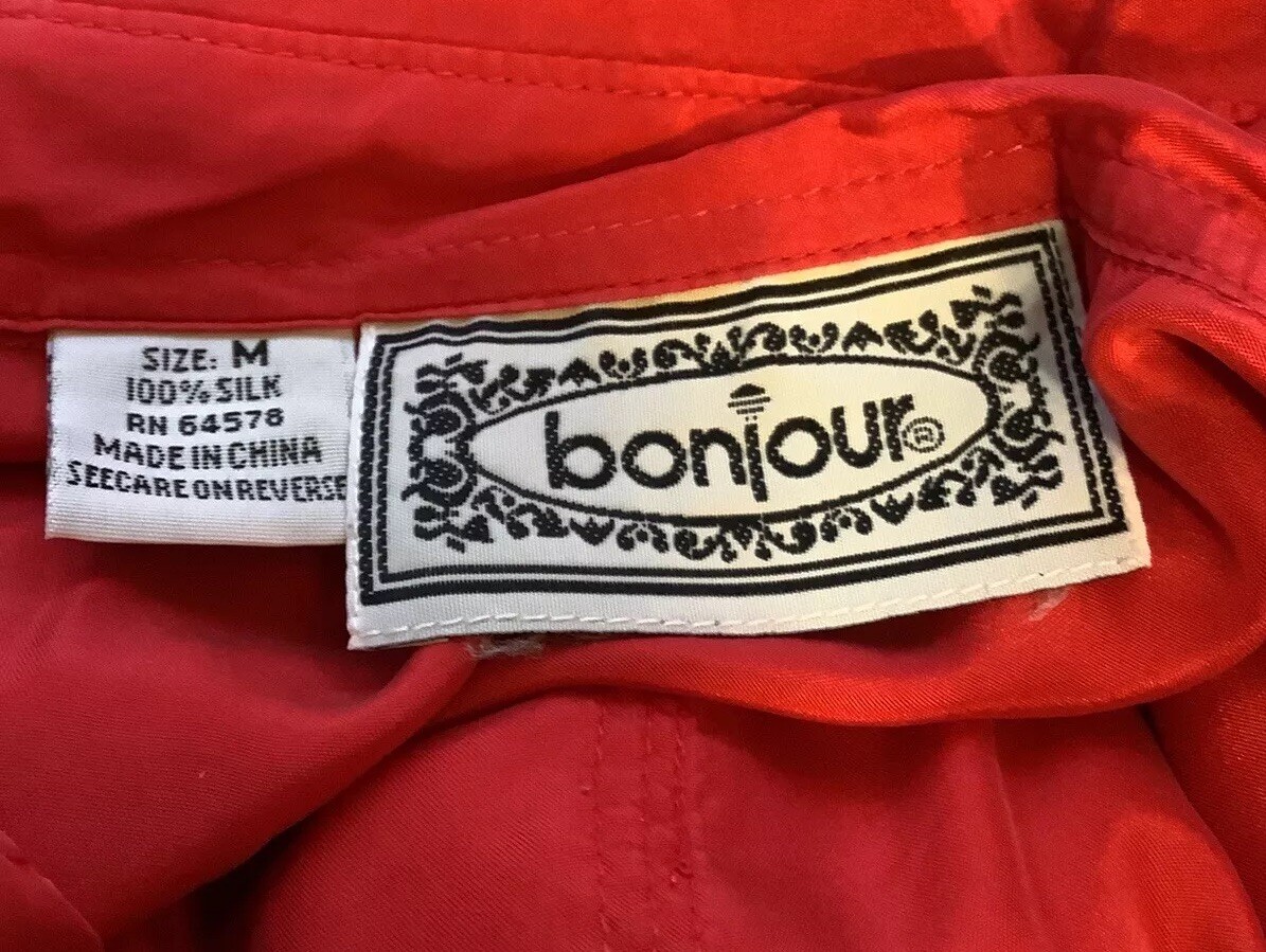 Bonjour 100% Silk Shirt Vintage Blouse Women’s Medium Red Long Sleeve Button Up