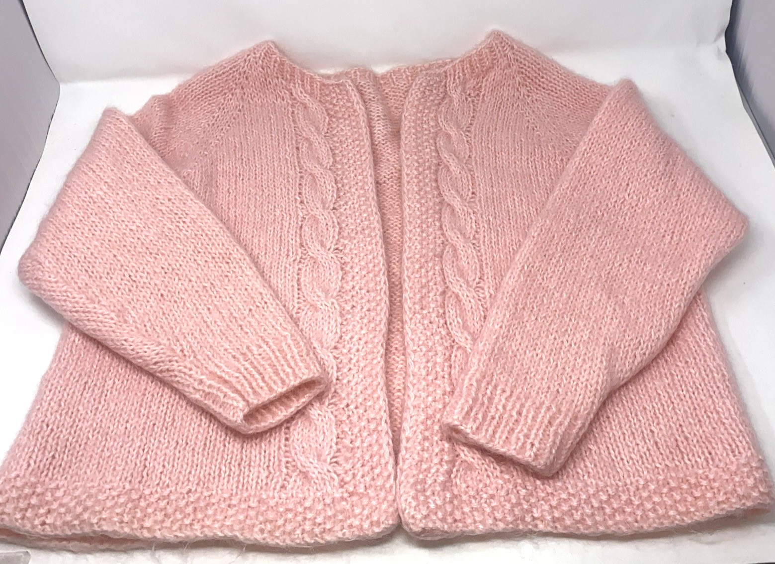 Vintage Pink Mohair Cardigan Hand Knit Cable Stitch Large