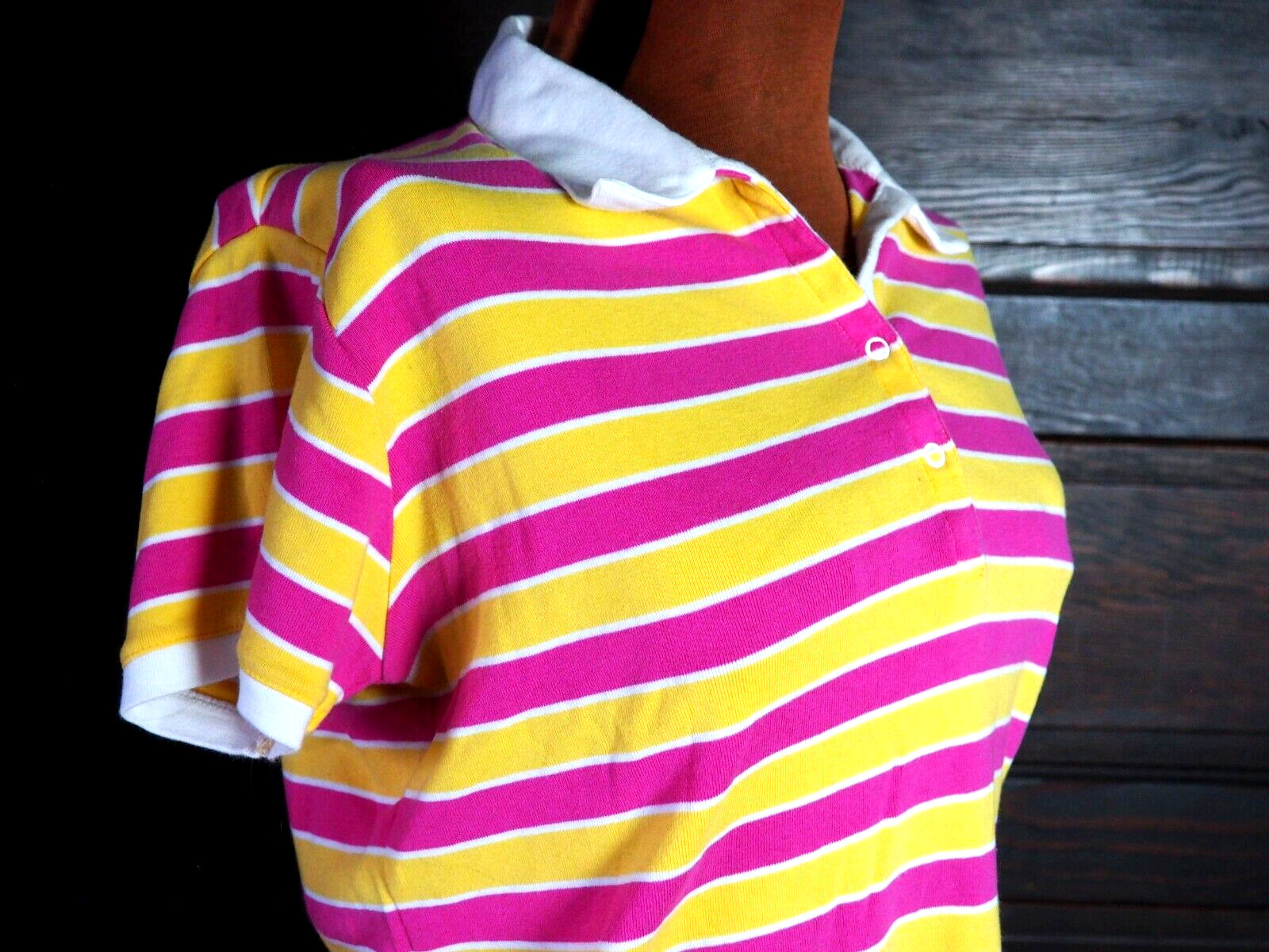 VTG 90s Y2K Cruel Girl Pink Yellow Stripe Retro Collar Polo Tee Tshirt Sz L
