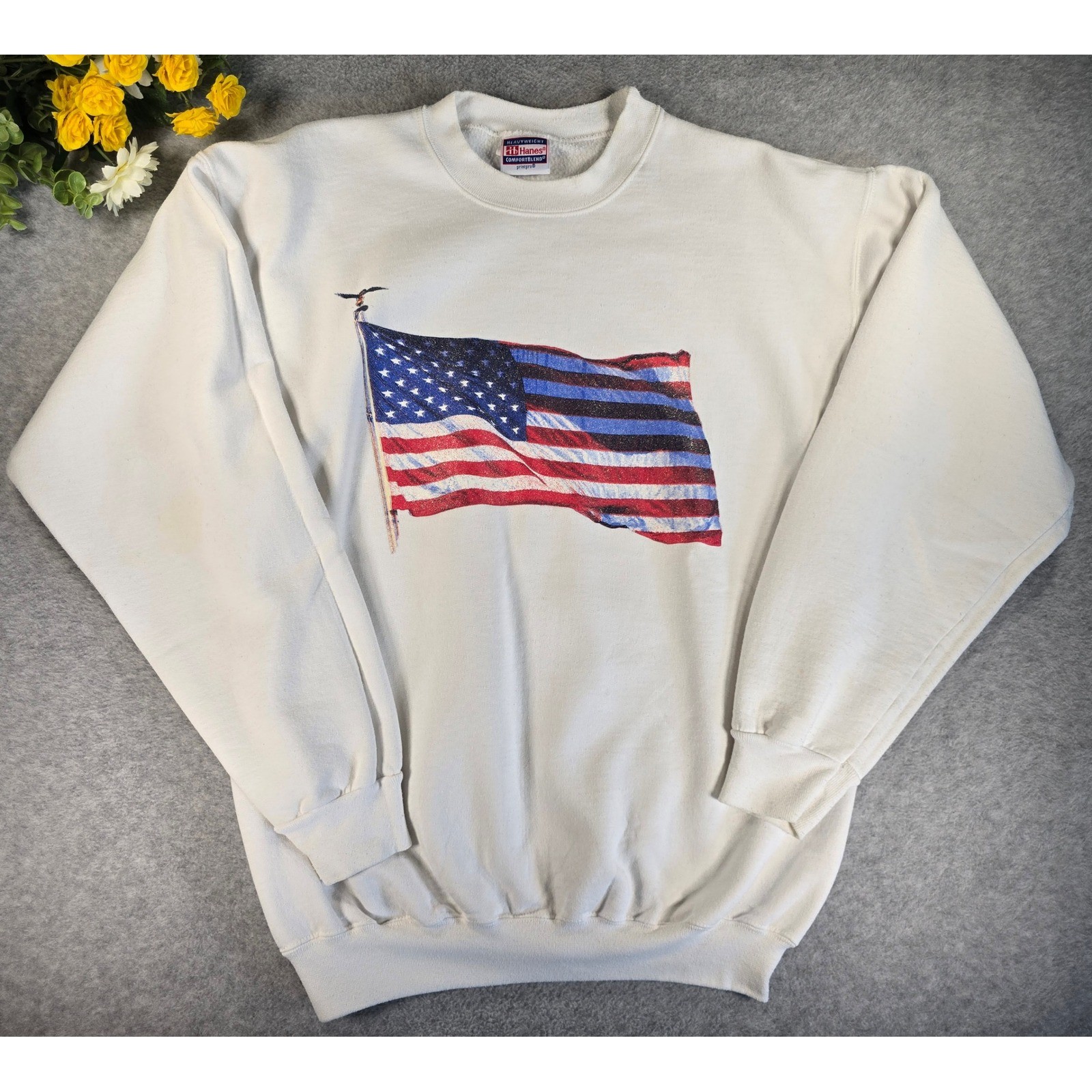 Vintage Hanes 90s USA American Flag Sweatshirt White Comfortblend Medium