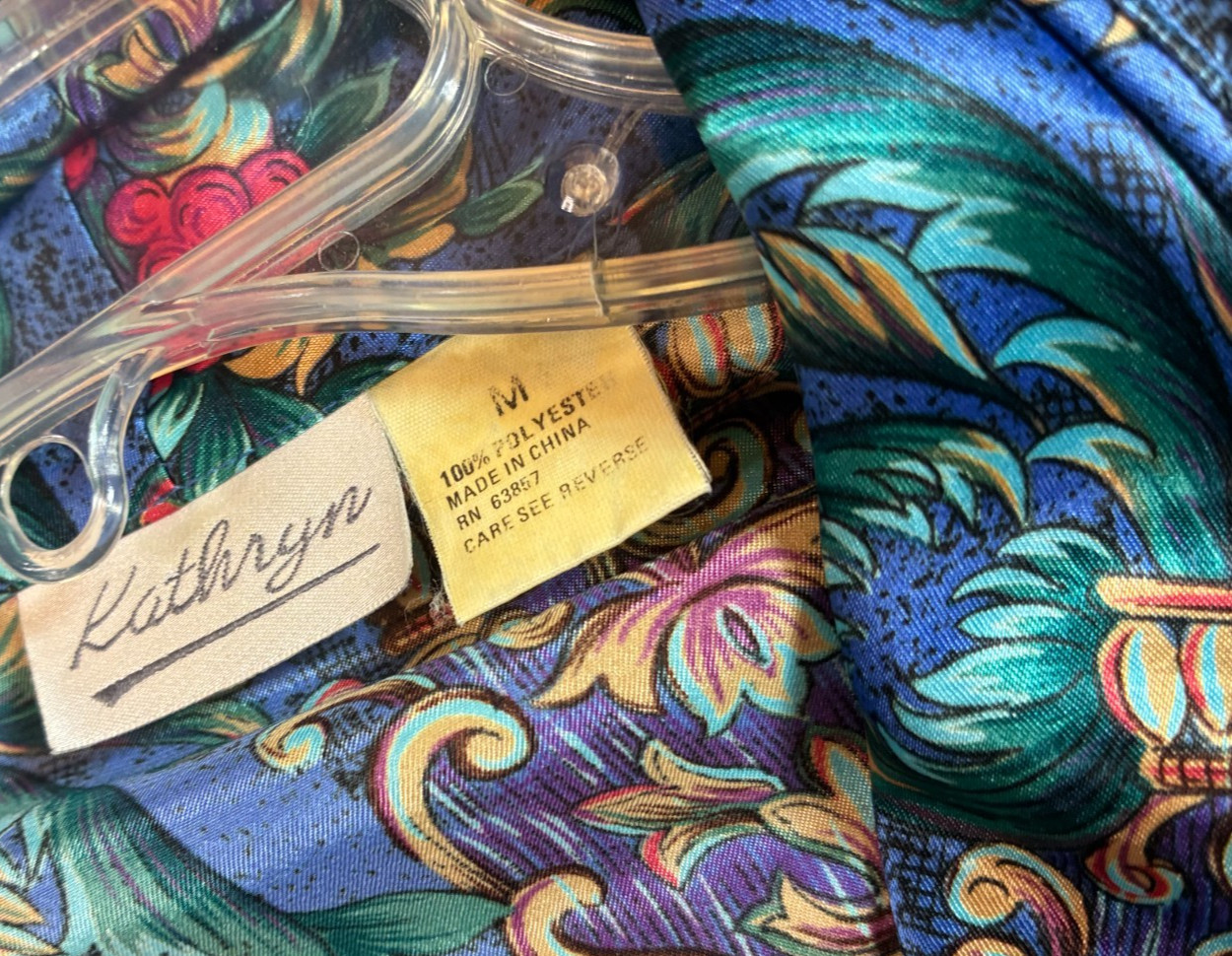 Vintage MARINE BLUE Long WRAP ROBE Medium VICTORIAN FLORAL Dressing Gown Kathryn