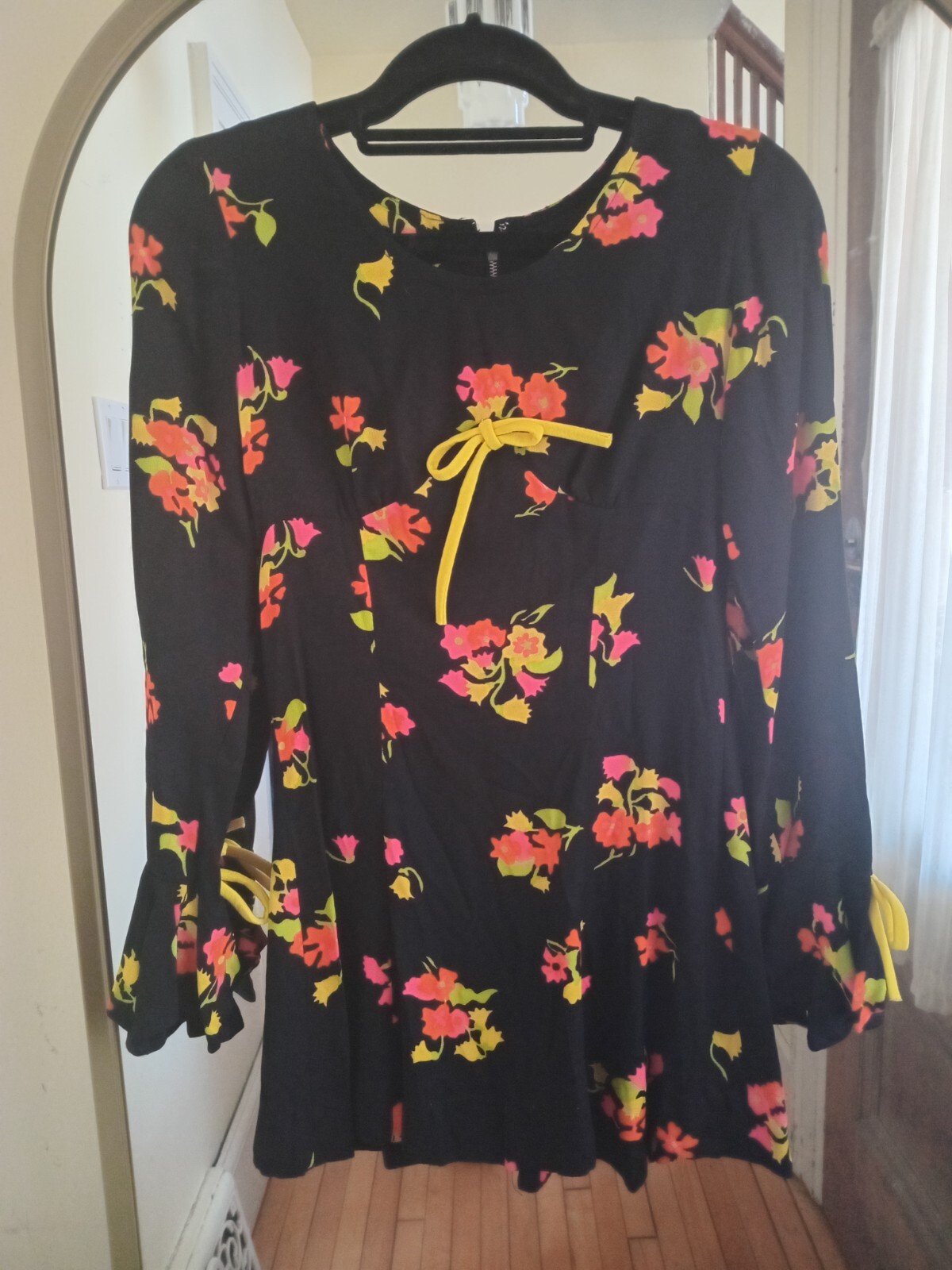 Vintage 60s Black Neon Pink Yellow Floral Mini Dress Mod Go Go Hippie Rare S