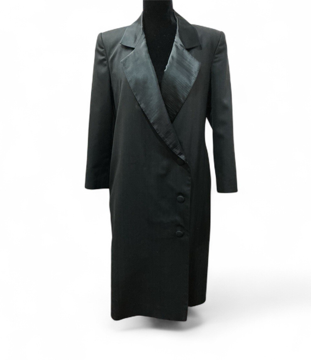 Vintage Esquire Custom Tailor Seoul Cynthia Brooks Black Wool Tuxedo Coat Dress