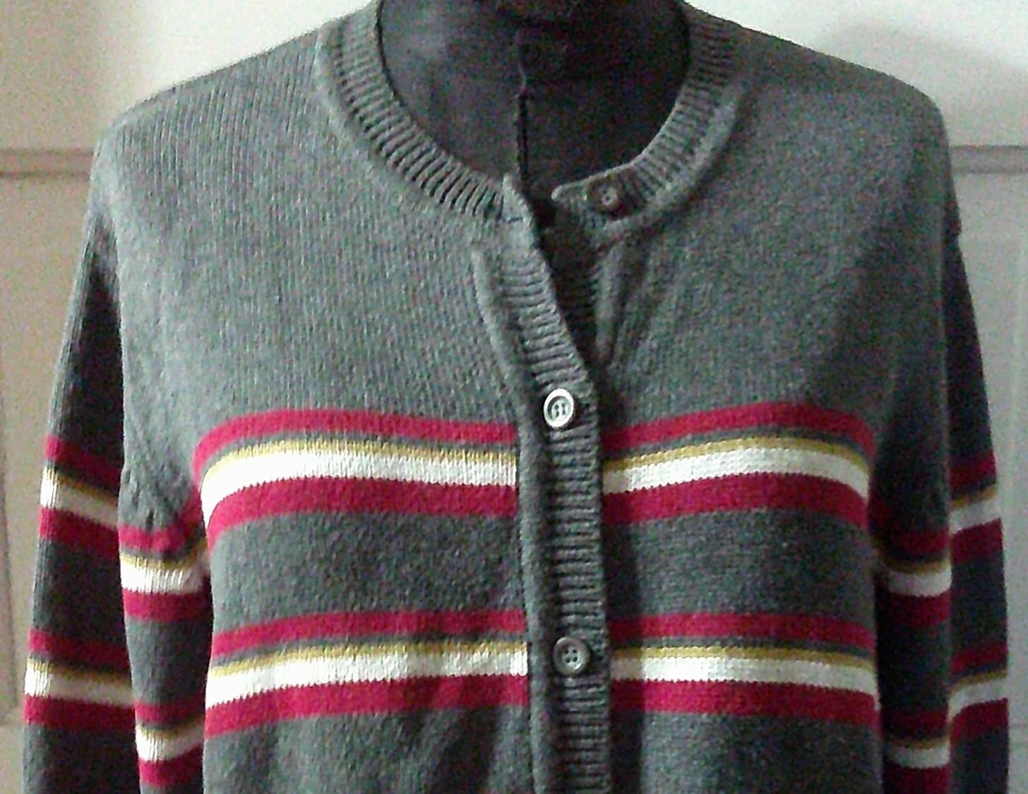 90’s AMERICAN EAGLE Gray Red Stripe Button Up Cardigan Sweater L