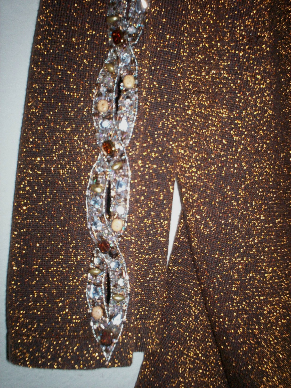 Vtg Design Bronze Metallic Thread Knit Fancy Party Blouse Crystal Embellished