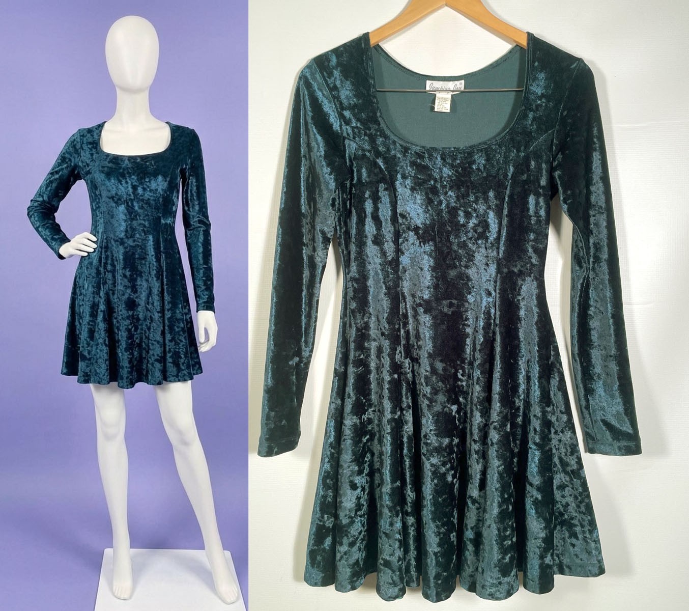 Vintage 1990s Emerald Green Crushed Velvet Skater Mini Dress Size S
