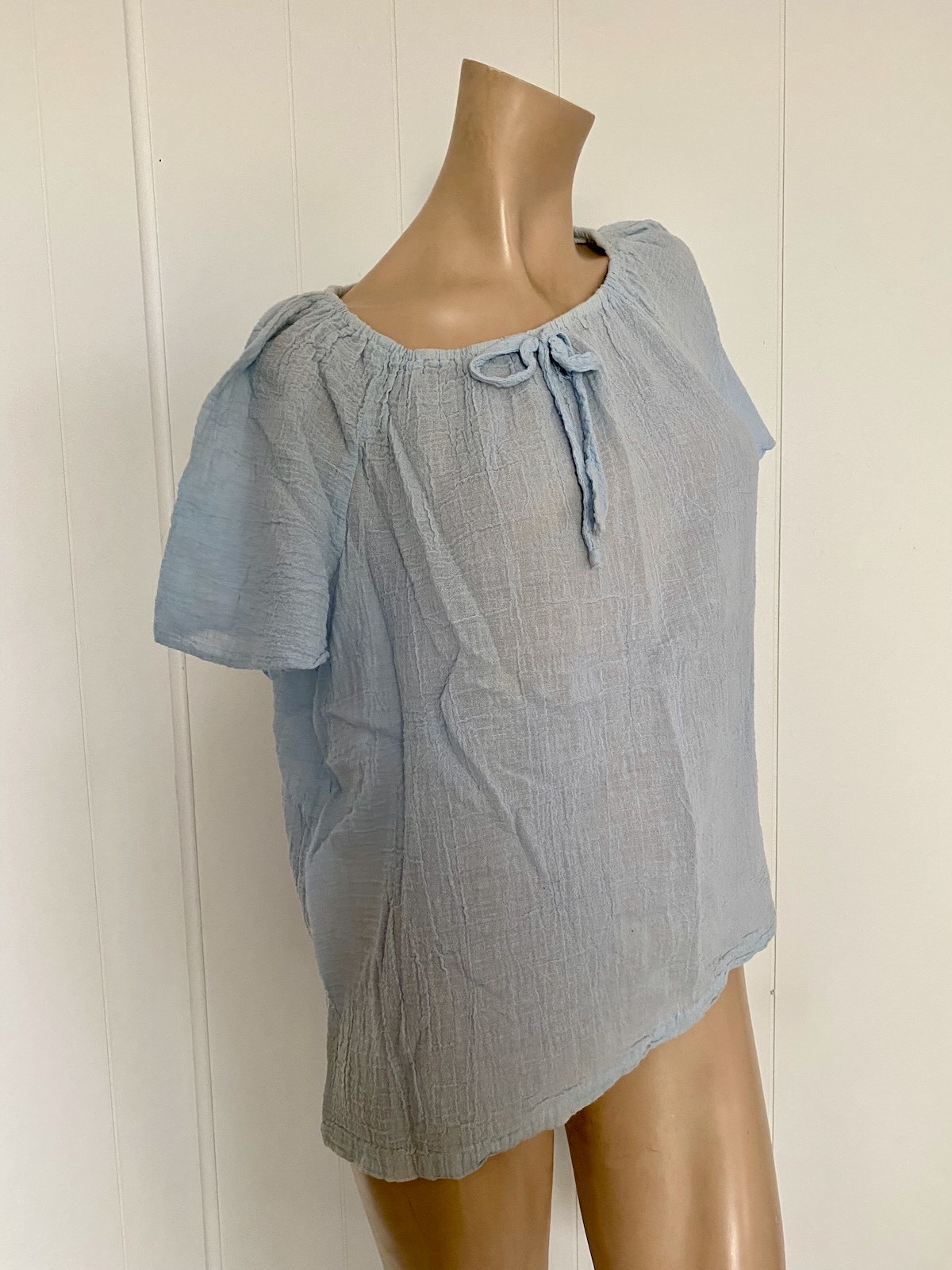 Vintage 1970s Alley Cat Baby Blue Gauzy Cotton Peasant Blouse M L