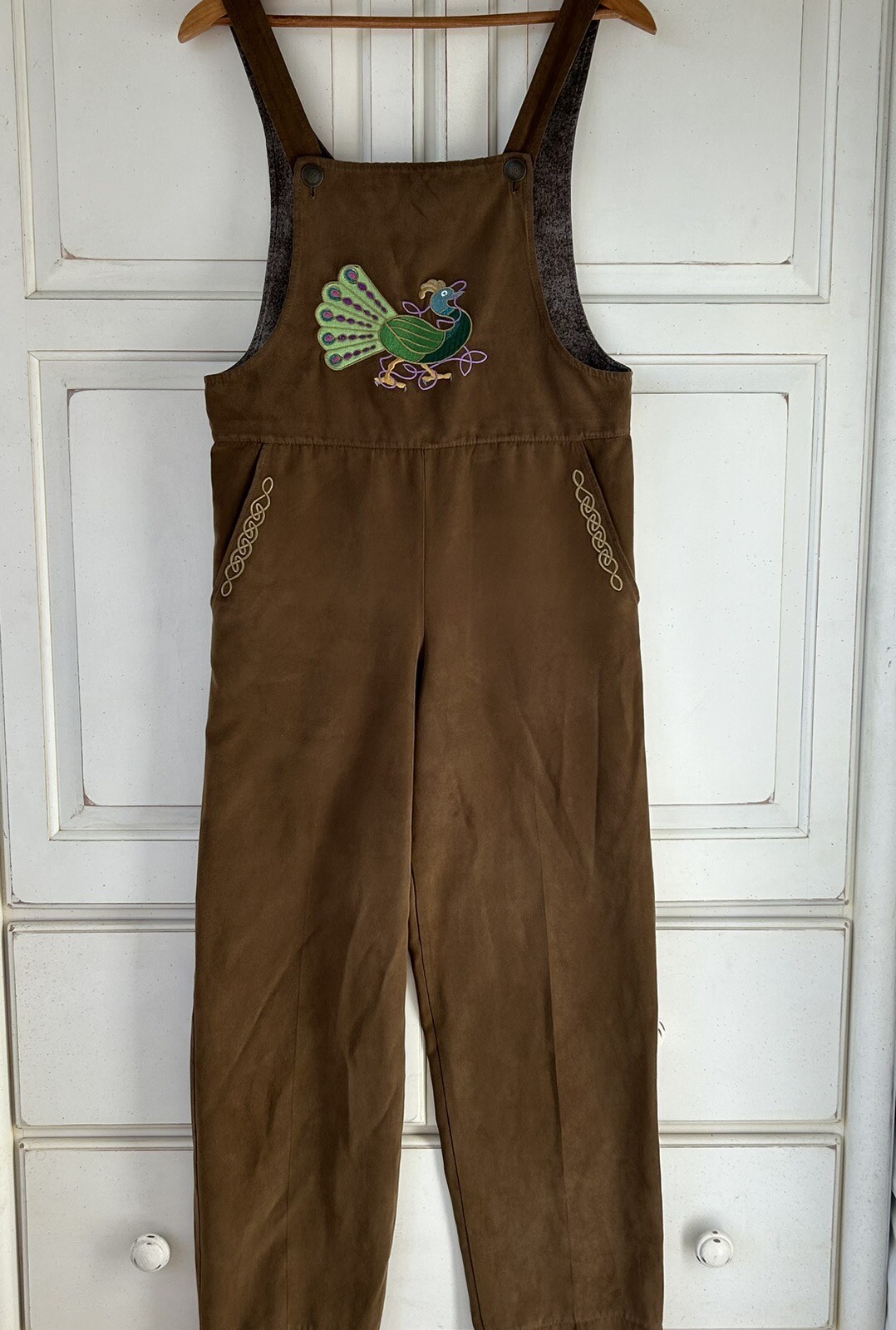 Vintage PEACOCK Embroidered Unique Handmade Bib Overall Boho Pants XS 28” Inseam