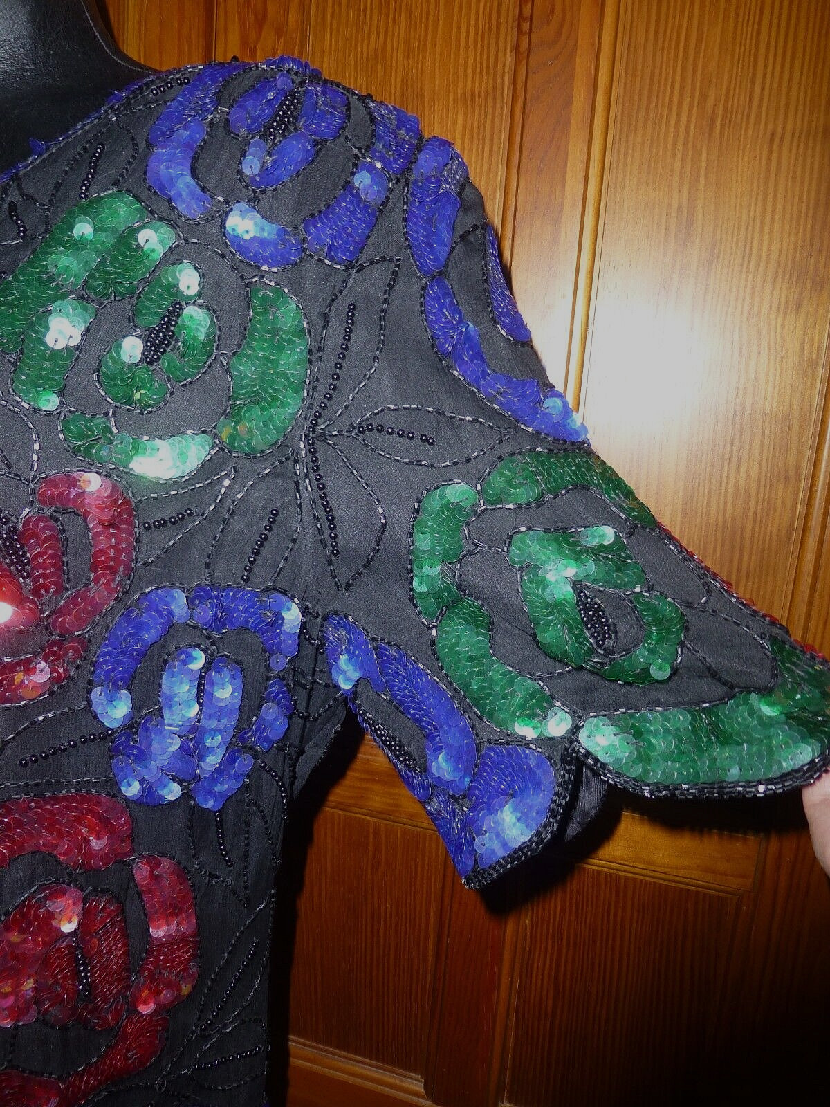 Vtg 80s SEQUIN Beads Embroidered SILK Floral Evening Party Top Blouse XL