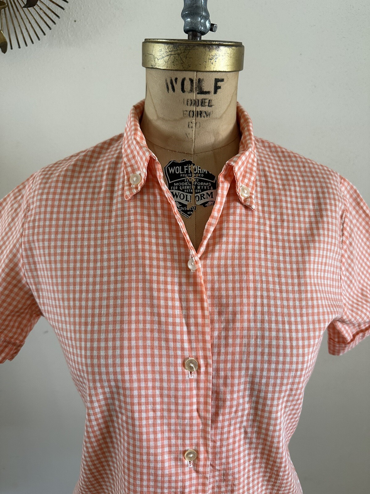 1950s Stoneswear Peach Gingham Cotton Blouse Top Shirt Western Workwear Farm VTG