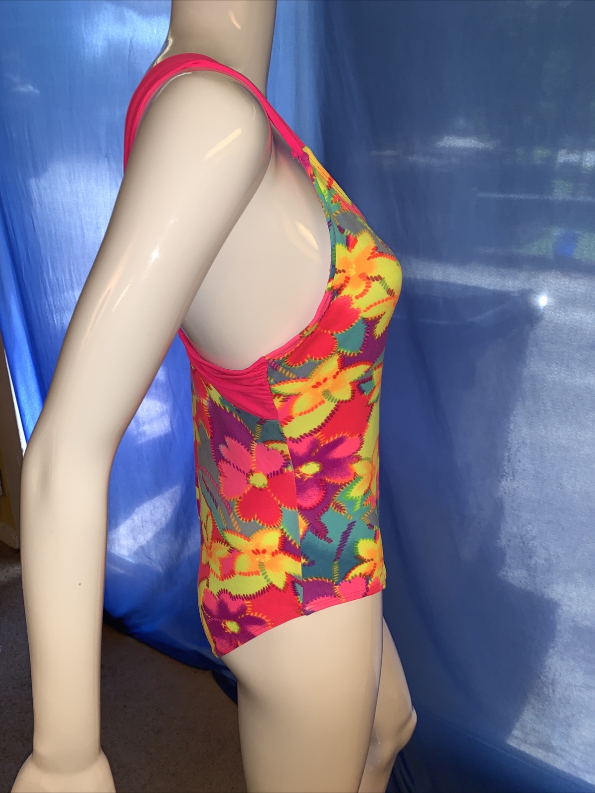 Vintage 80s Action Max floral neon aerobic workout leotard Girls 16