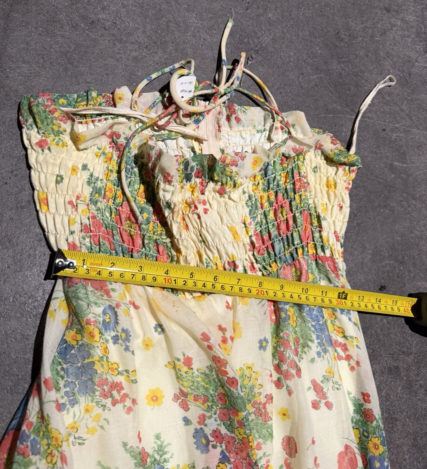 Vintage 1960s Miss Rita Floral Smocked Boho Prairie Cottage Core Dress Ivory