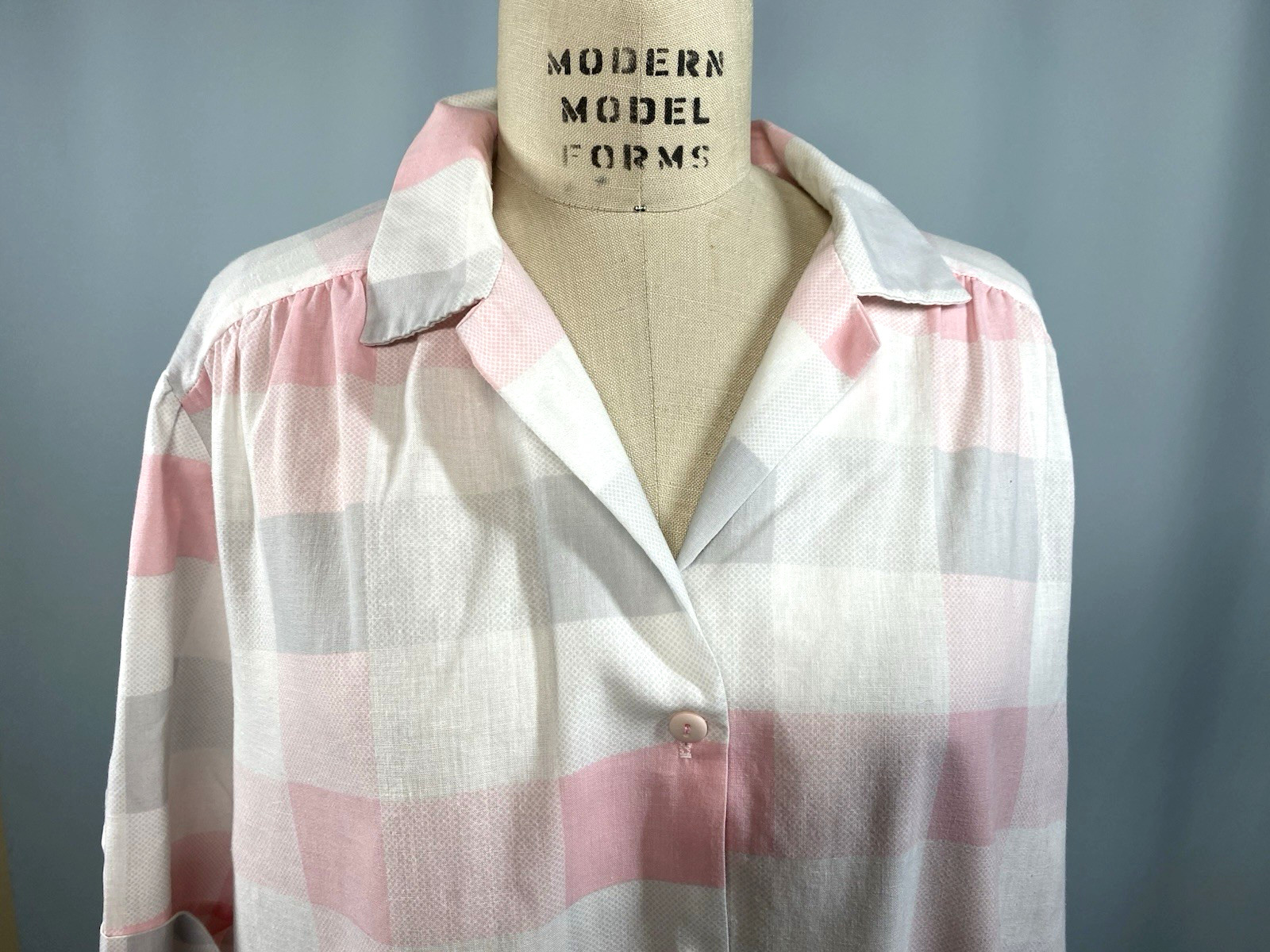 Vintage Blouse SIZE XL 42 pink grey check tunic Top CALIFORNIA CONNECTION 80s