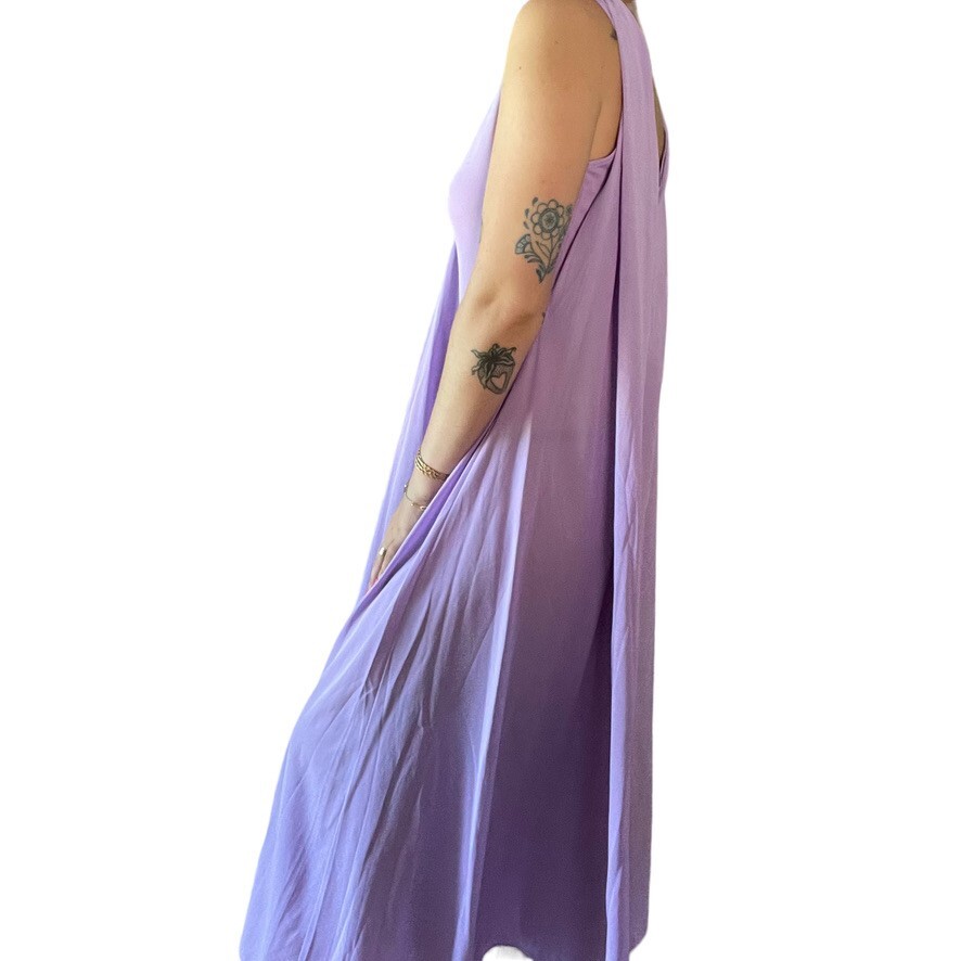 Vintage 1970s Womens Lavender V Neck Retro Disco Mid Mod Maxi Dress Sz M
