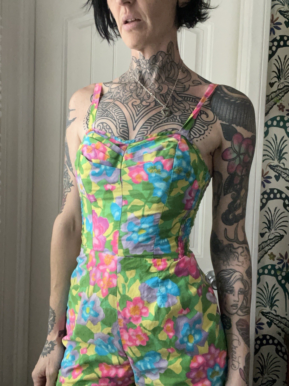 Vtg 50s Marjy Stevens Kahala Floral Cotton Hawaiian Playsuit Romper Swimsuit S
