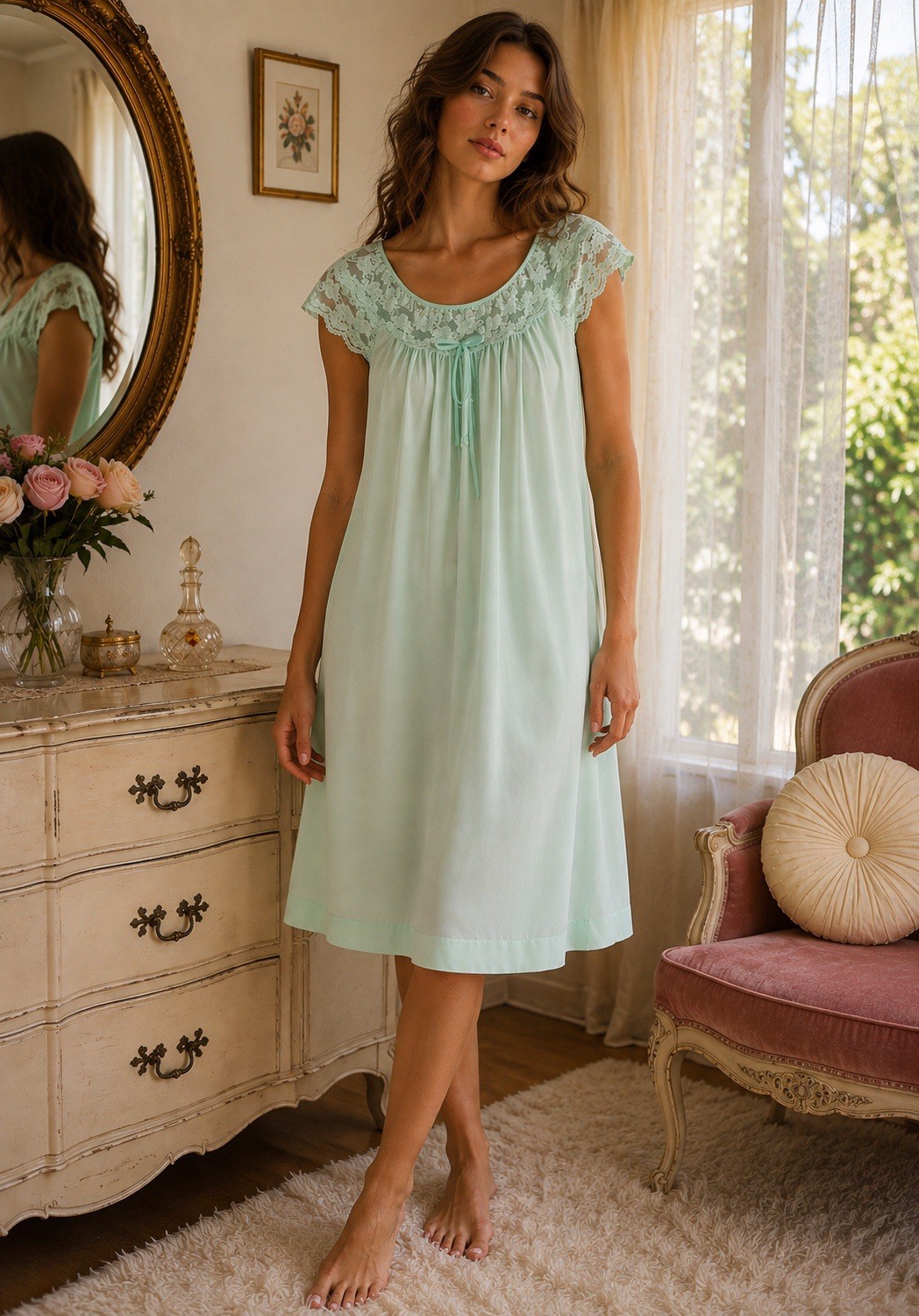 Vintage 70s Gilead Mint Green Lace Nightgown NOS Deadstock Original Tags.