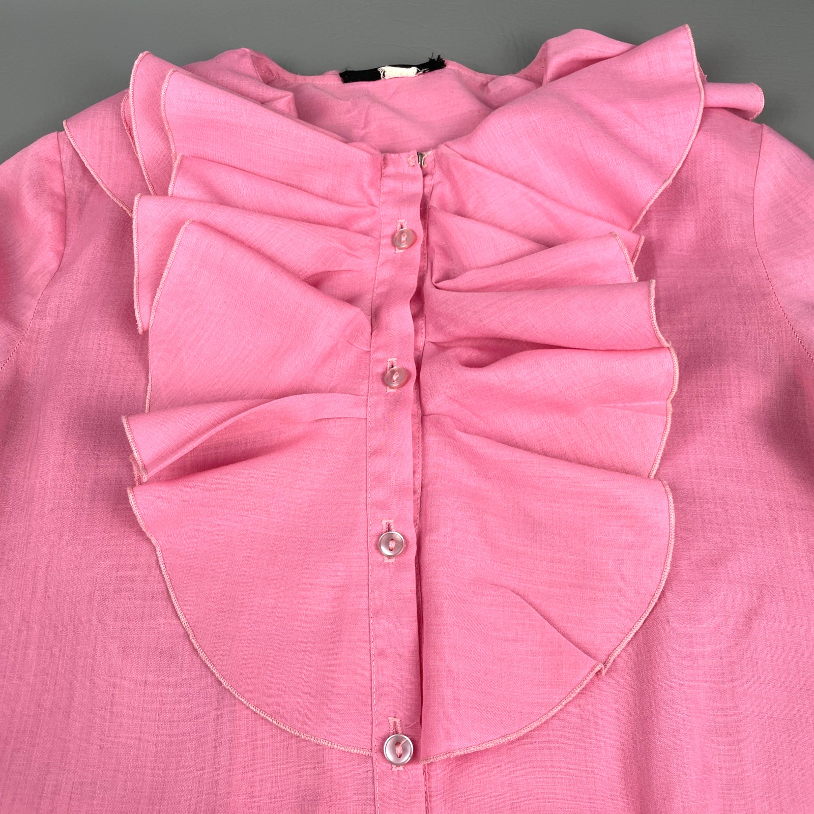 VTG 70s Pink Ruffle Front Blouse Bell Sleeve Button Down Top Womens S Barbiecore