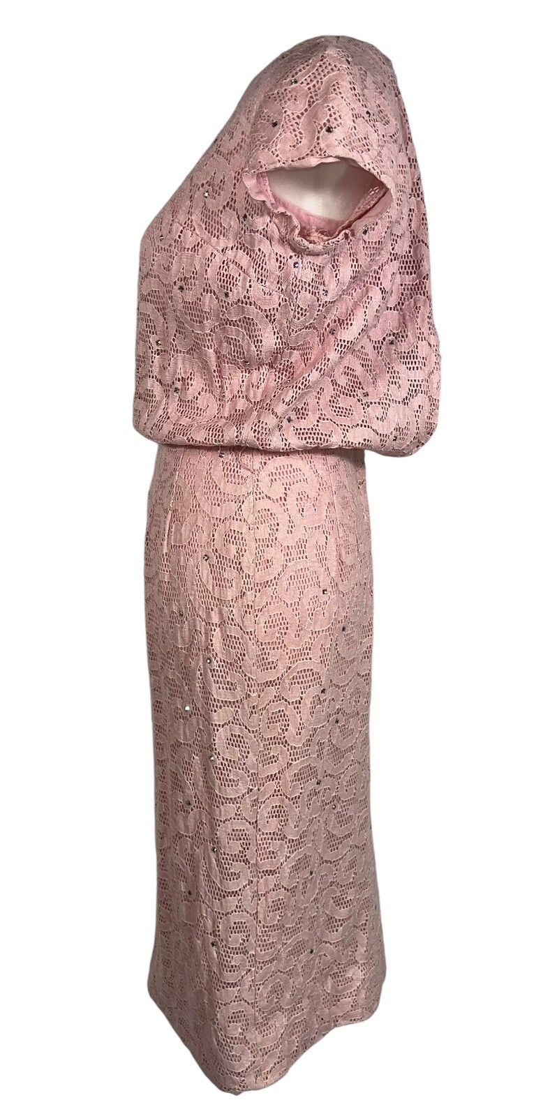 VTG 1950s PAUL SACHS RHINESTONE PINK LACE COCKTAIL WIGGLE DRESS ROCKABILLY GLAM