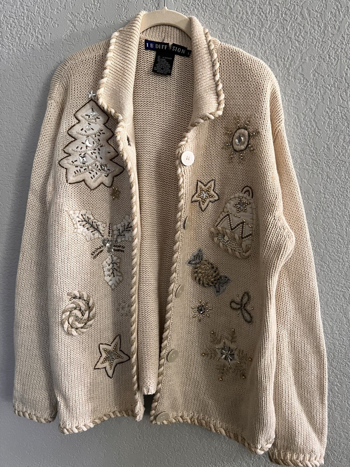 Vintage IB Diffusion Cream Gold Embroidered Bead Sweater Holiday Cardigan – LG