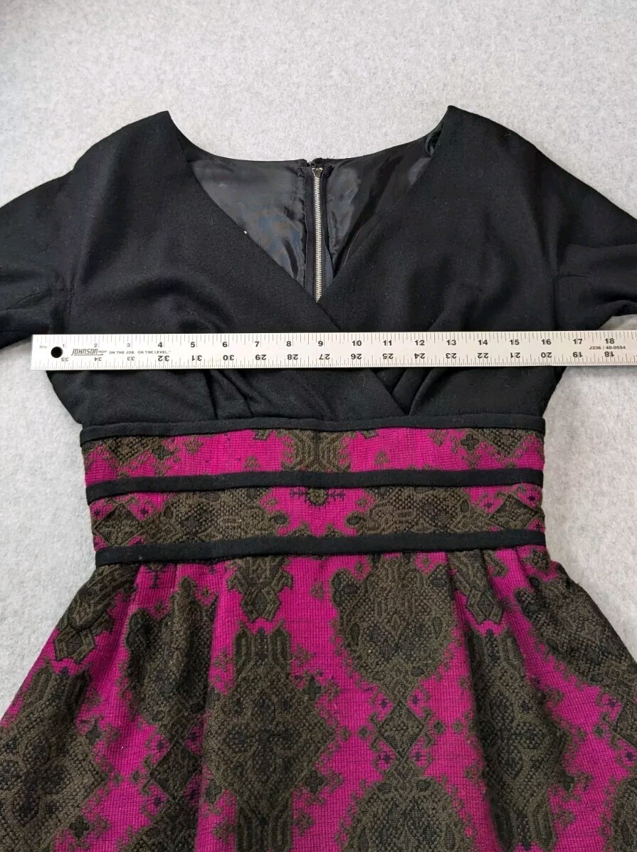 Miss Elliete Vintage Dress Fit and Flare 60s Black Pink Surplice Neckline Flaw