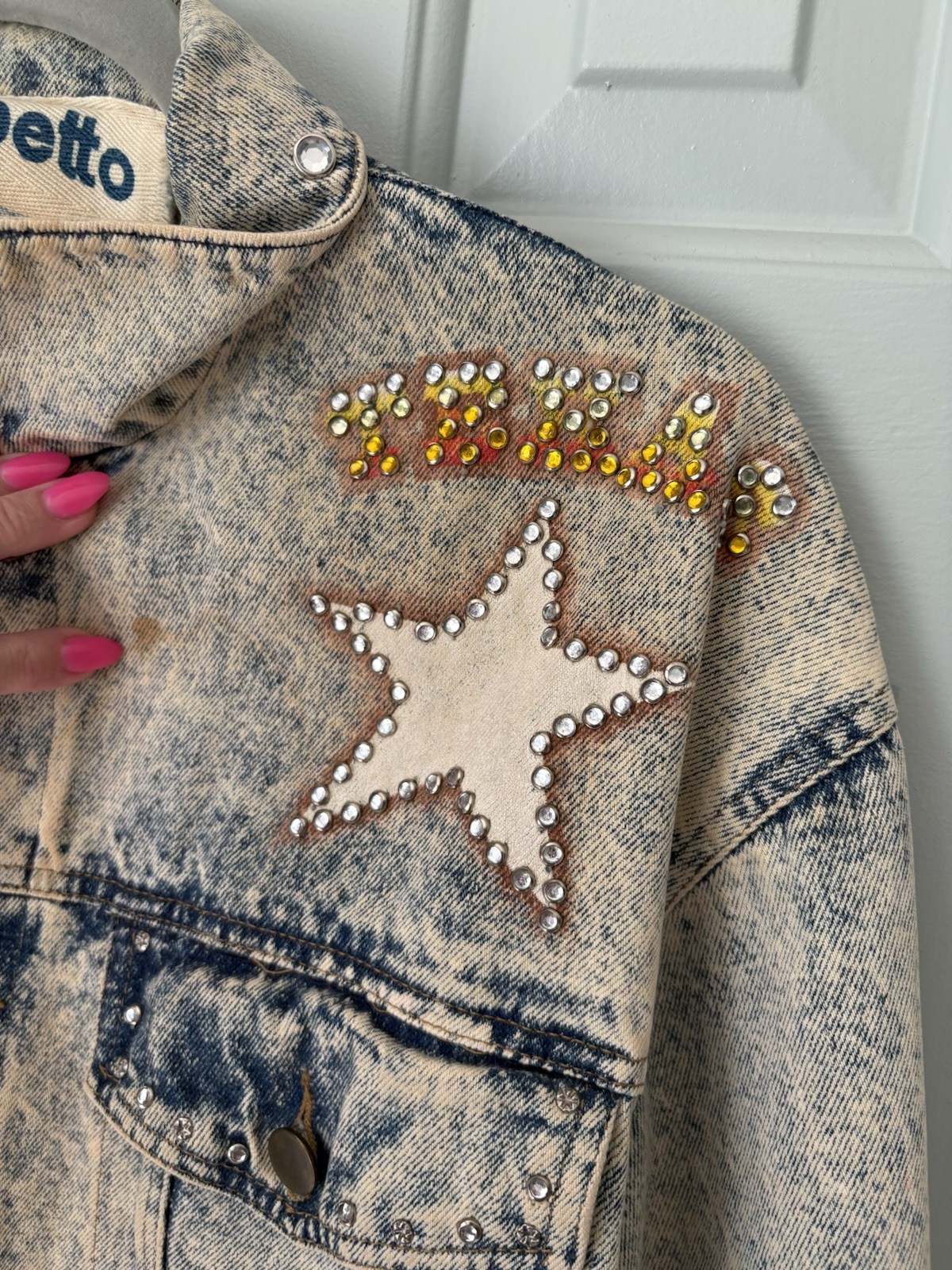 Vintage 80s/90s Denim Texas Jacket Hand Painted Graphics Rhinestone Studs