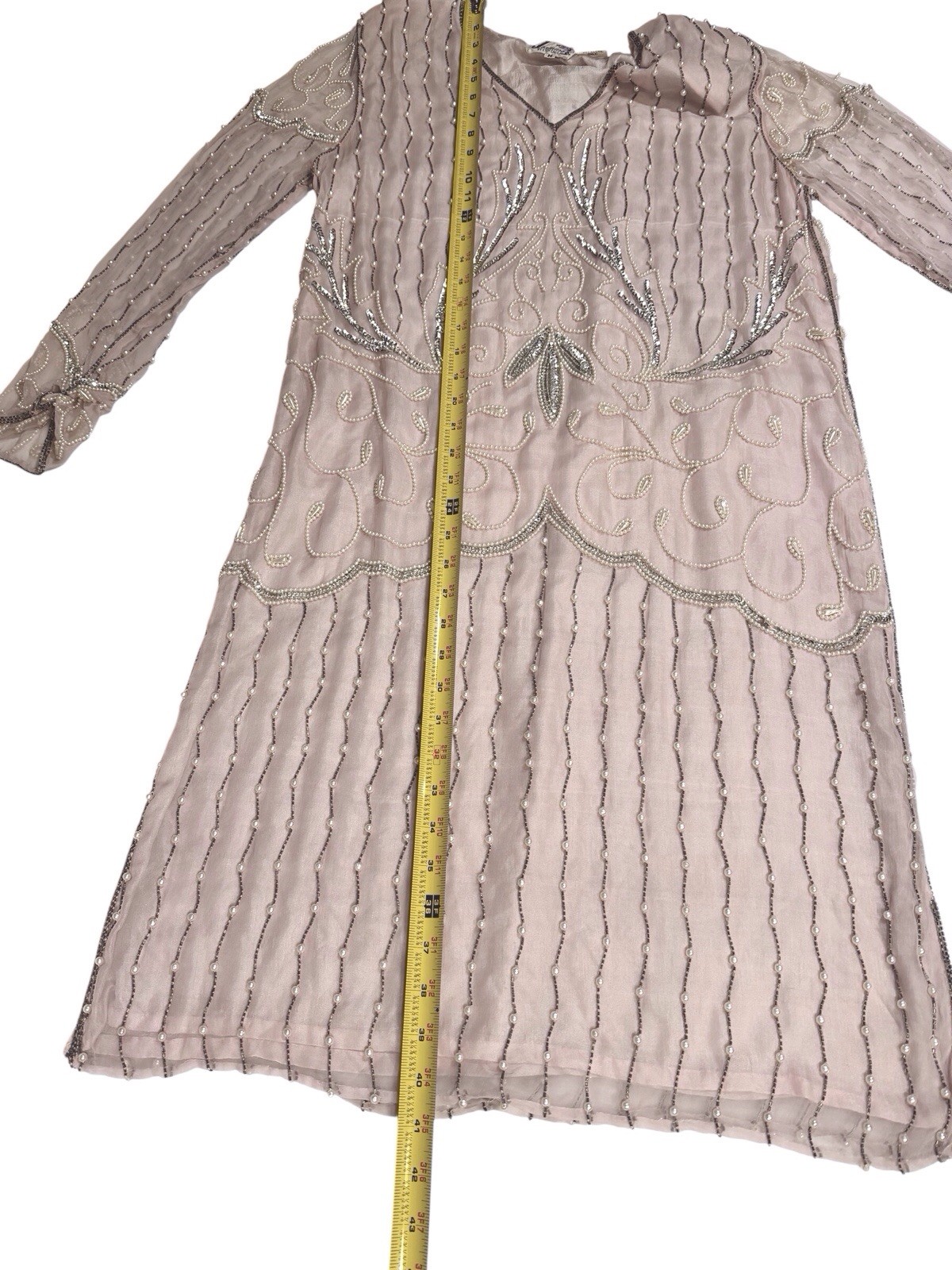 Vintage Jasmine by KVM 100 % silk pearl Beaded & sequined Blush Pink Dress sz M