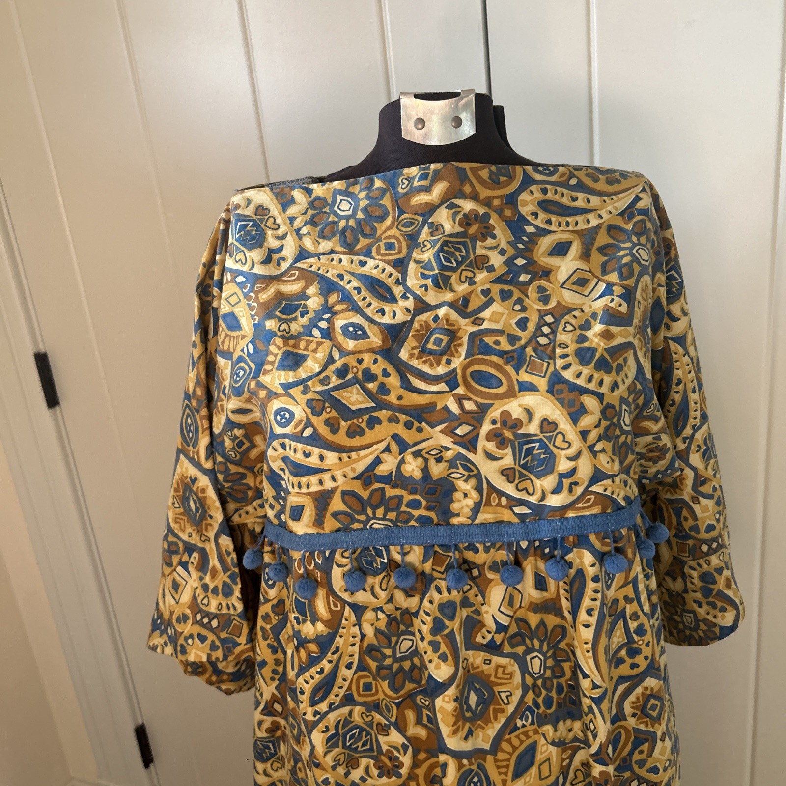 Vintage 1960’s Handmade Gold/Blue Paisley Print Caftan Maxi With Ball Fringe M