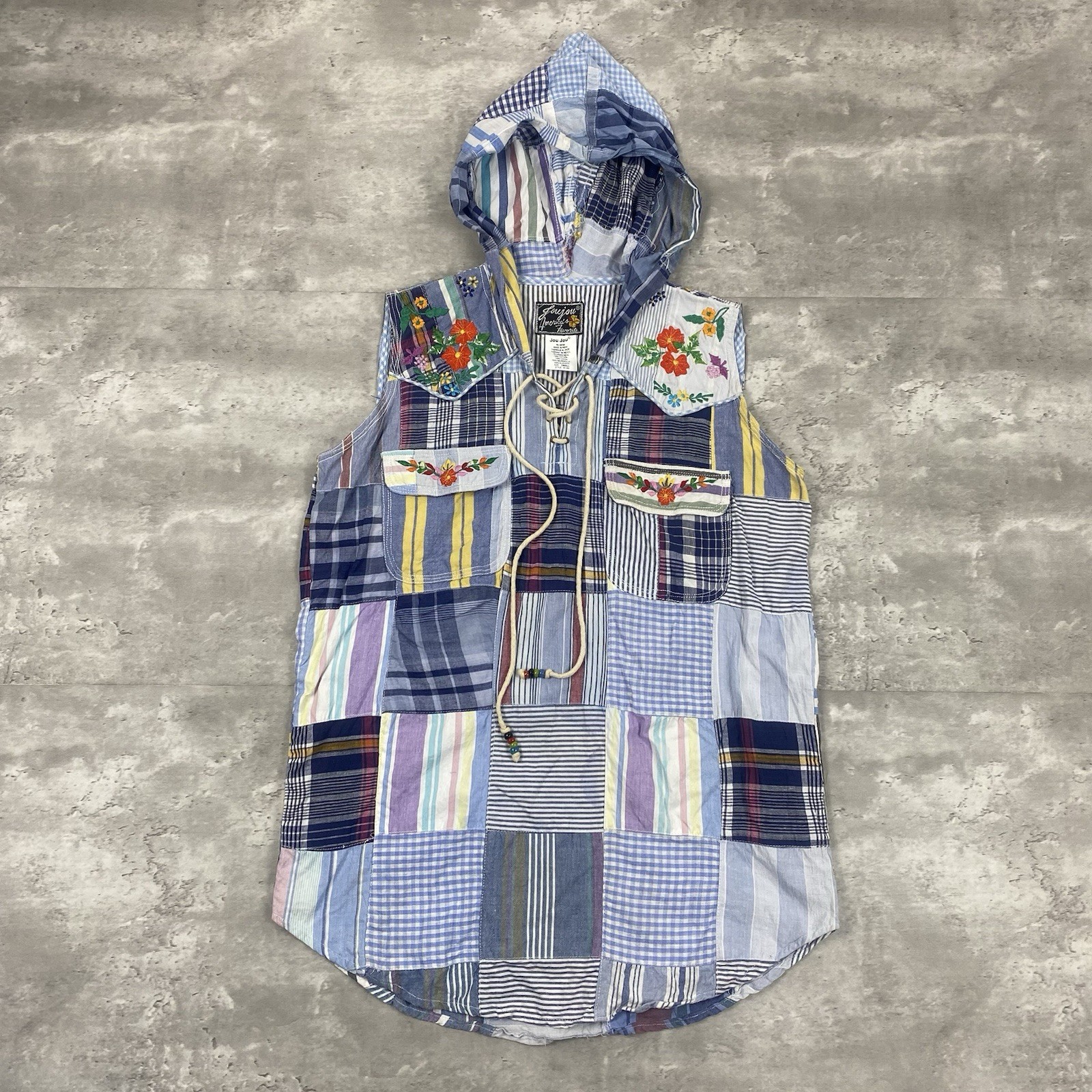 vintage 90s JOUJOU patchwork hooded sleeves shirt S boho floral plaid stripes