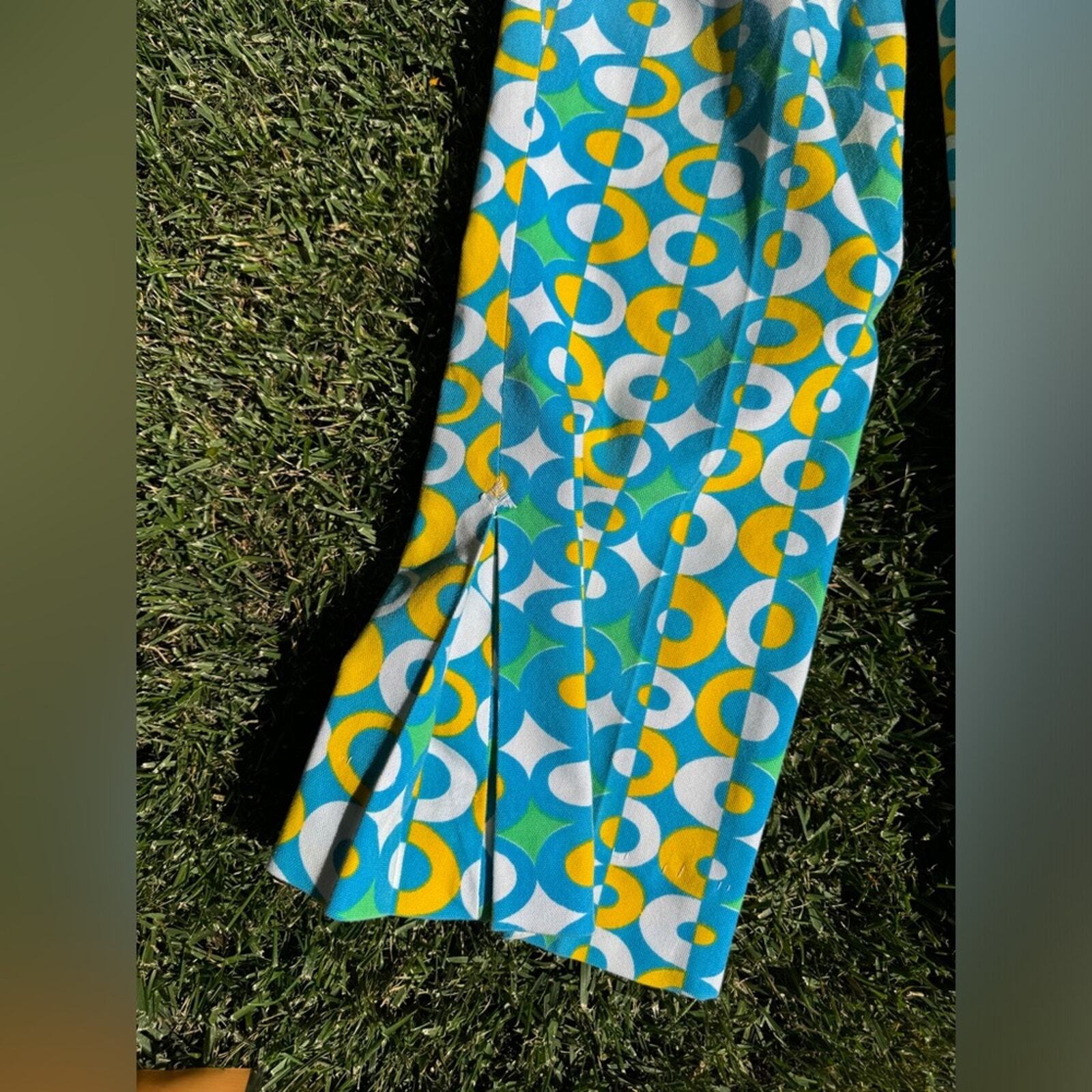 60s Vintage Green White and Blue Geometric Circle Print Kick Flares