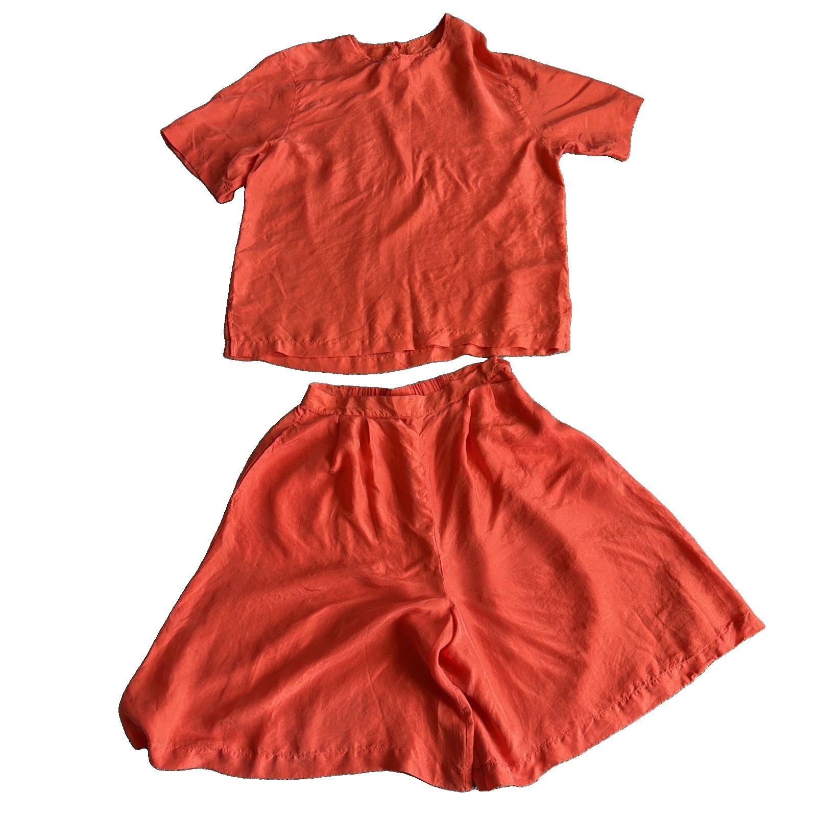 Vintage Sz LG 90’s Richard Lang Silk Bright Orange 100% Silk Top And Short Set