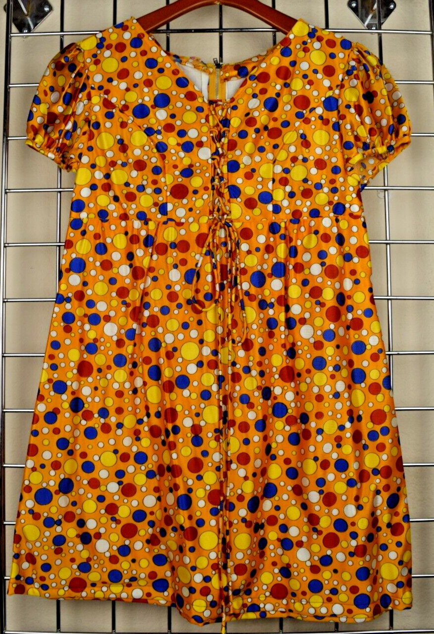 Vintage Mini Dress Size S/M 60s Shiny Orange Red Blue Polka Dot Cute Clown Lined