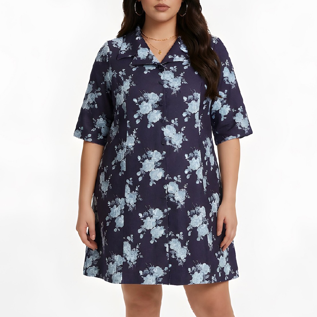 Vintage 70s Floral Print Shirt Dress – Barbarella Navy Blue XL