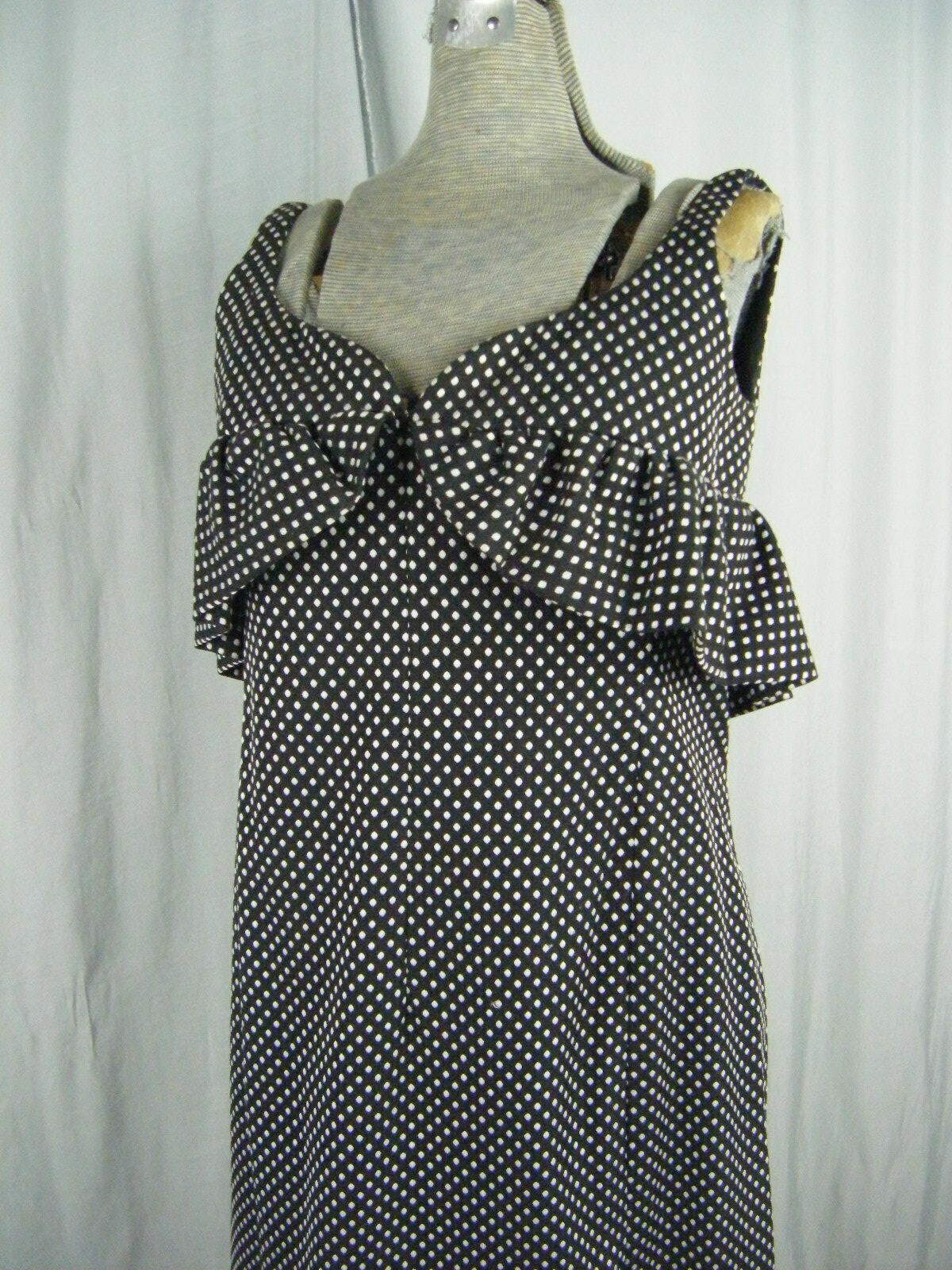 GEOFFREY BEENE Vtg 60-70s Designer Black/Grey Dots Ruffle Dress-Bust 37/XS-S
