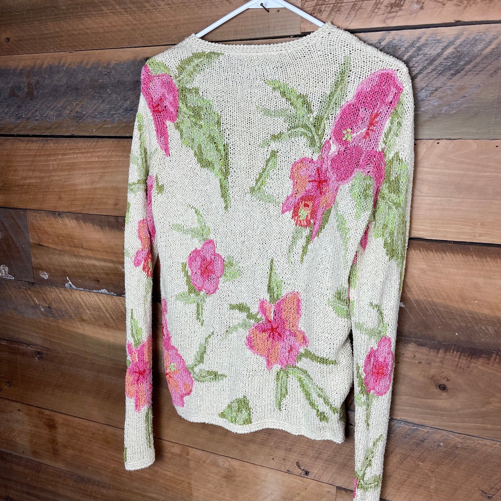 Vintage Medium David Brooks Brand Hand Knitted Cardigan Sweater Pink Flowers