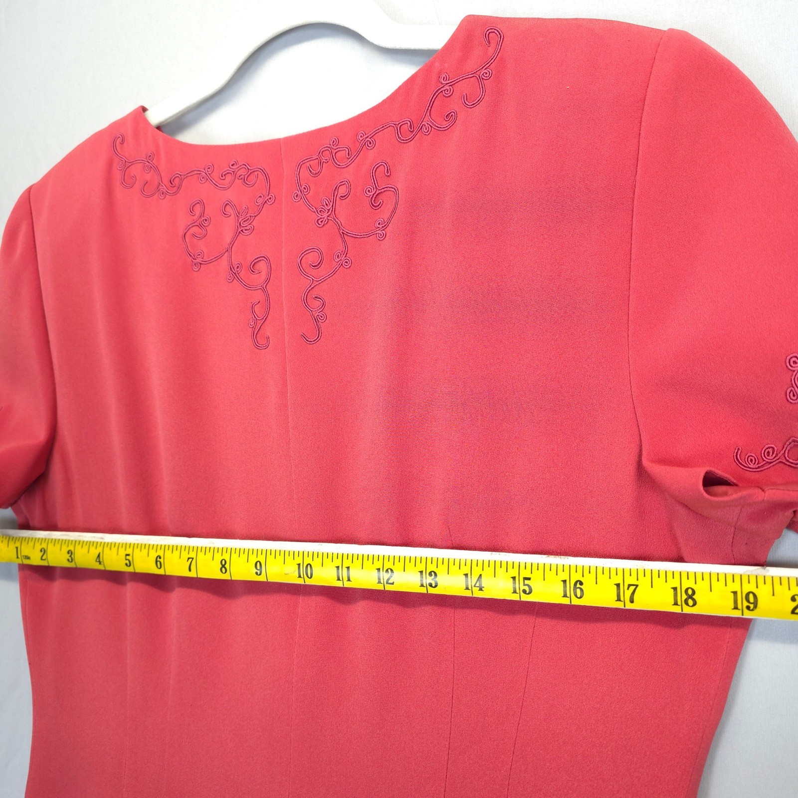 Maggy London Silk Dress Women 12 Coral Pink Embroidered Button Front Midi Church