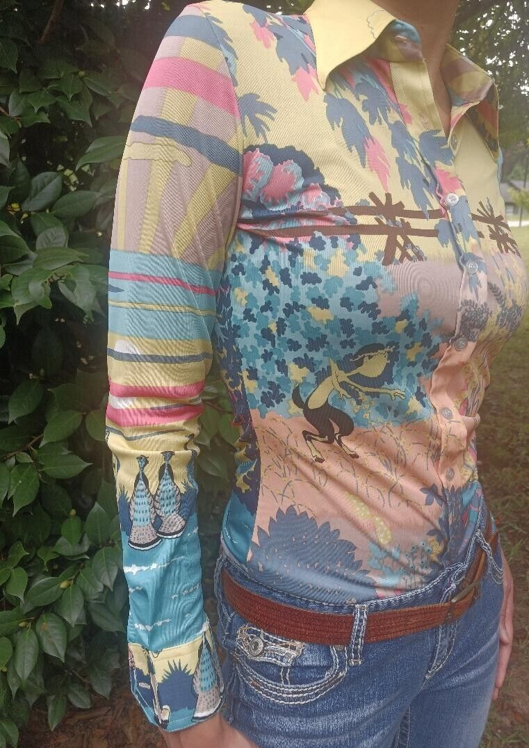 vintage 70s women polyester SULTRA Faun In The Woods shirt size med psychedelic
