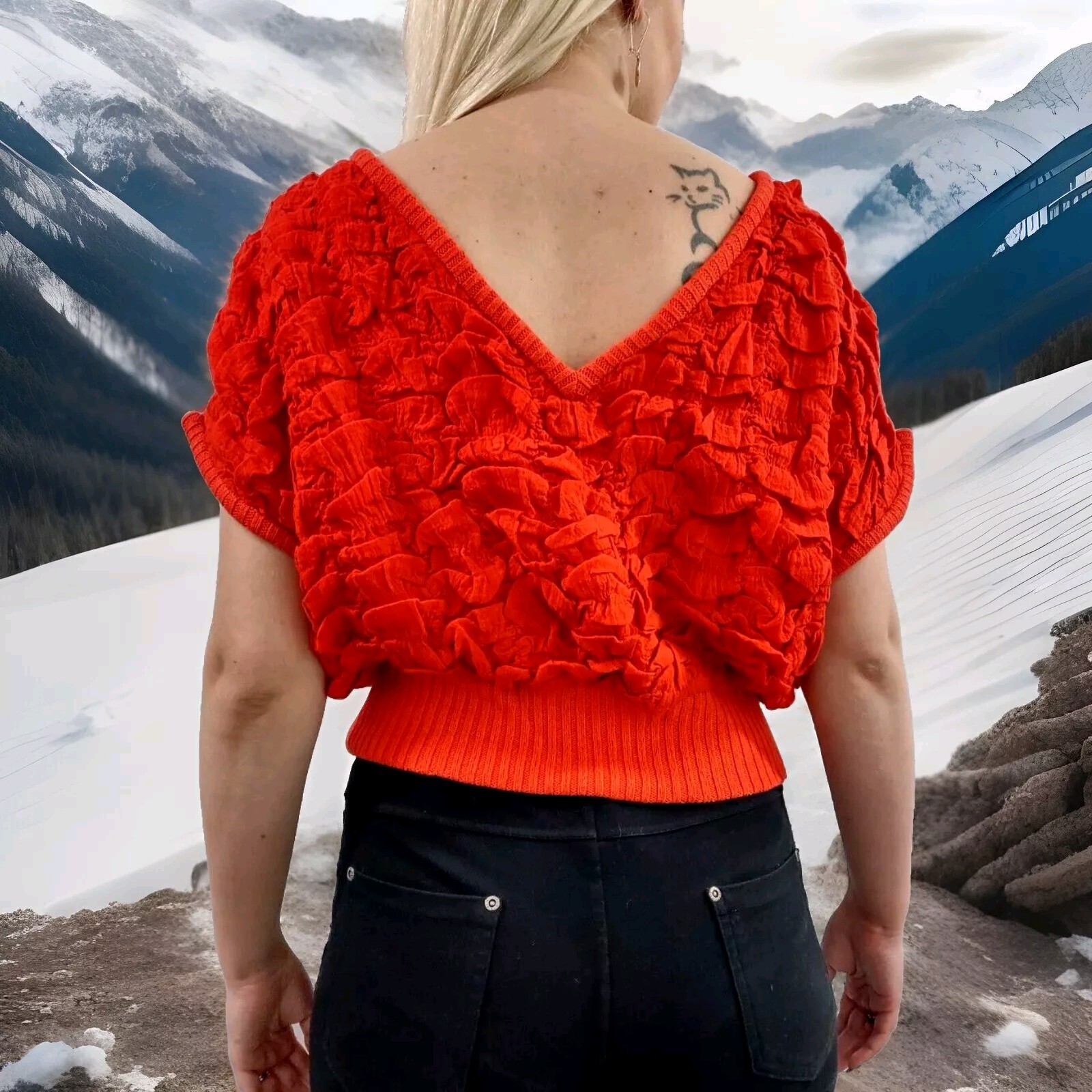 Orange Red Sweater Top 80s Evening Wear Couture Disco Club High Fashion M / L