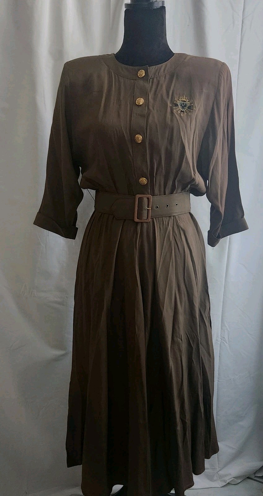Vintage 80s Piccalino Petites Maxi Belted Military/ Safari Chic Dress Brown 6P