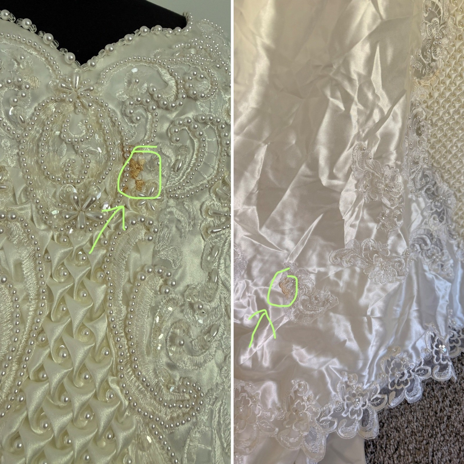 Vintage Ivory Satin Beaded bride Wedding Dress Long Sleeve Train 80s XL