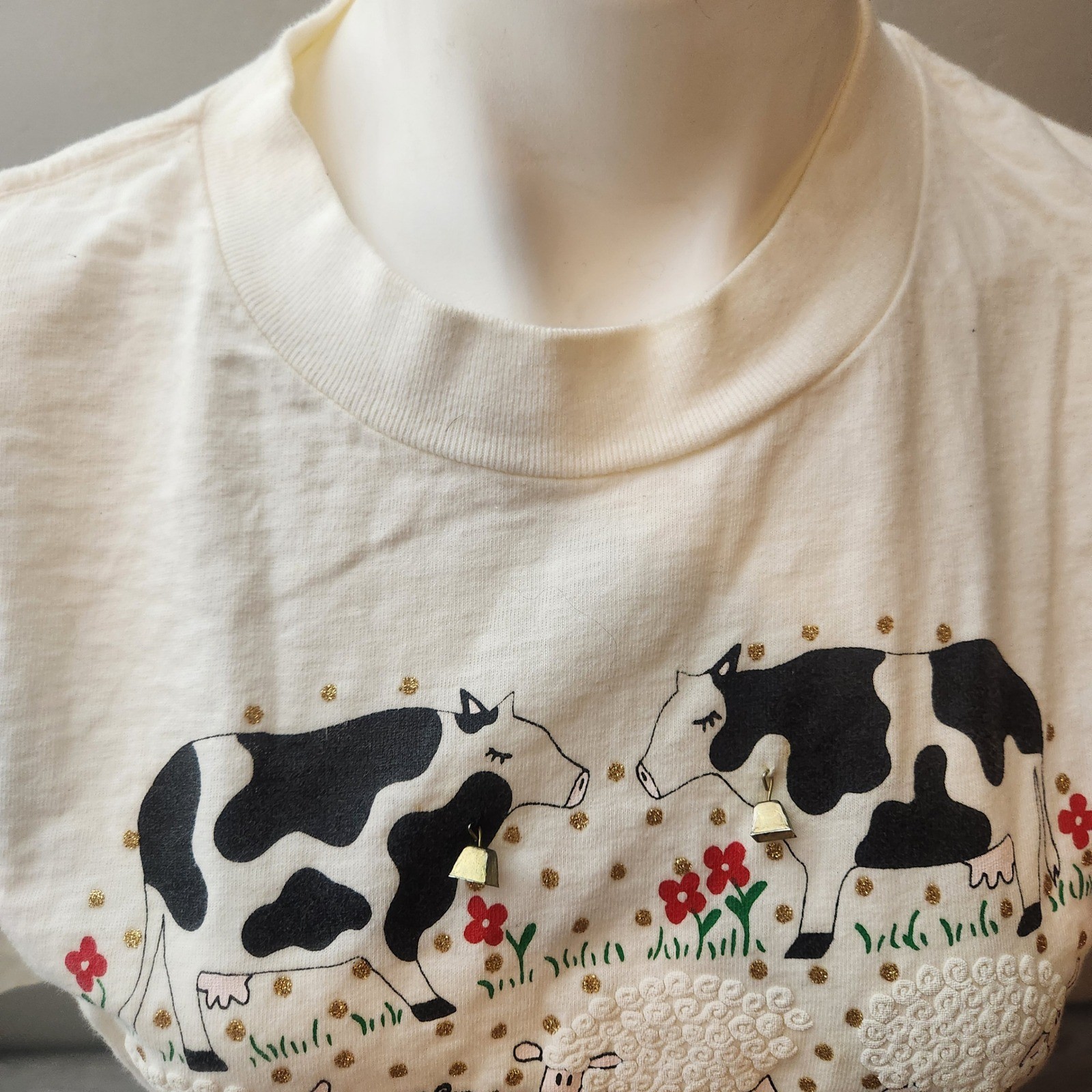 Vintage Oneita Power-T Farm Animal Heart T-Shirt Cream Size L 80s Made in USA