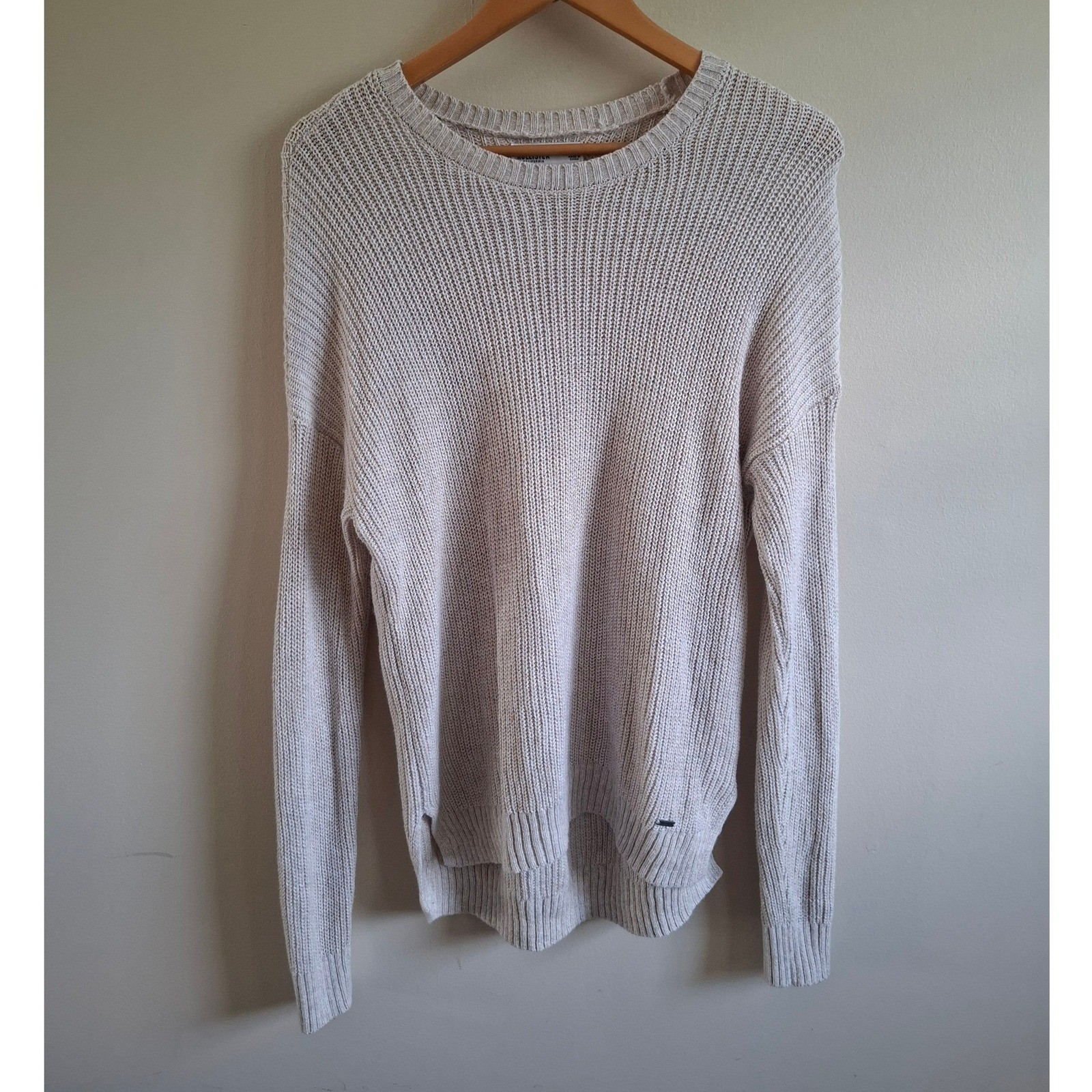 Hollister Beige Knit Sweater Hi Low Hem Preppy Casual Relaxed Soft Academia Sz S