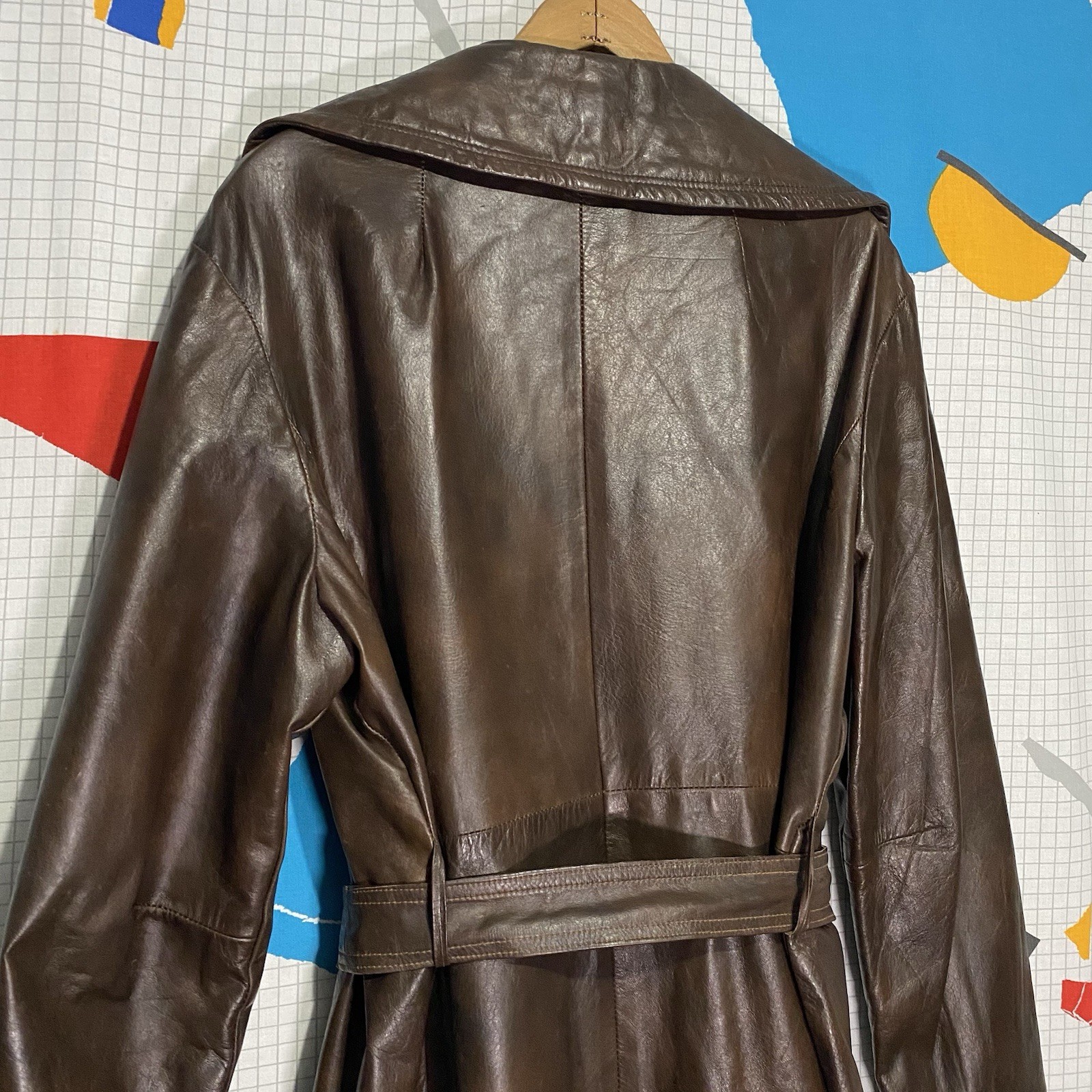 Vintage 60s Hide Leather Trench Coat Belt Wrap Open Wide Spread Lapel Altman